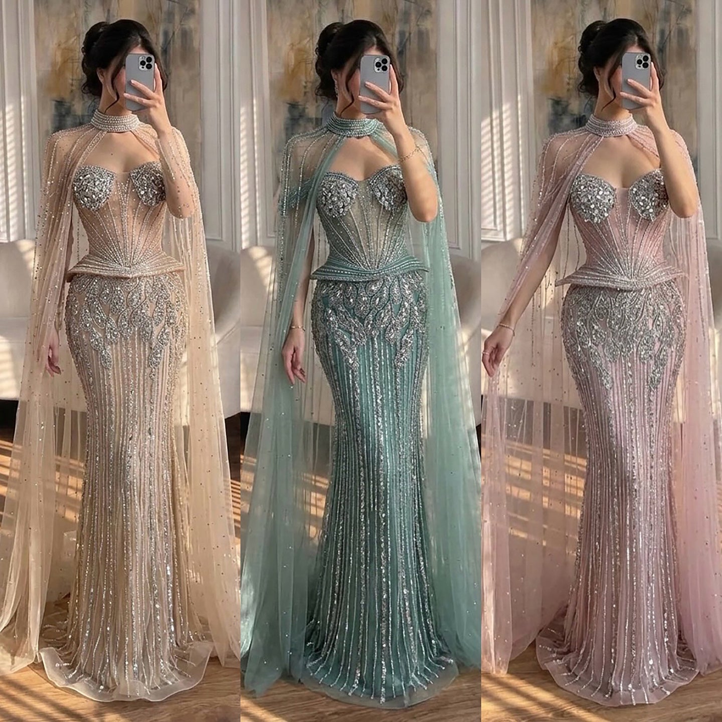 Luxury Nude Crystal Beaded Mermaid Gown with High Neck Cape LA73816 SERENE HILL
