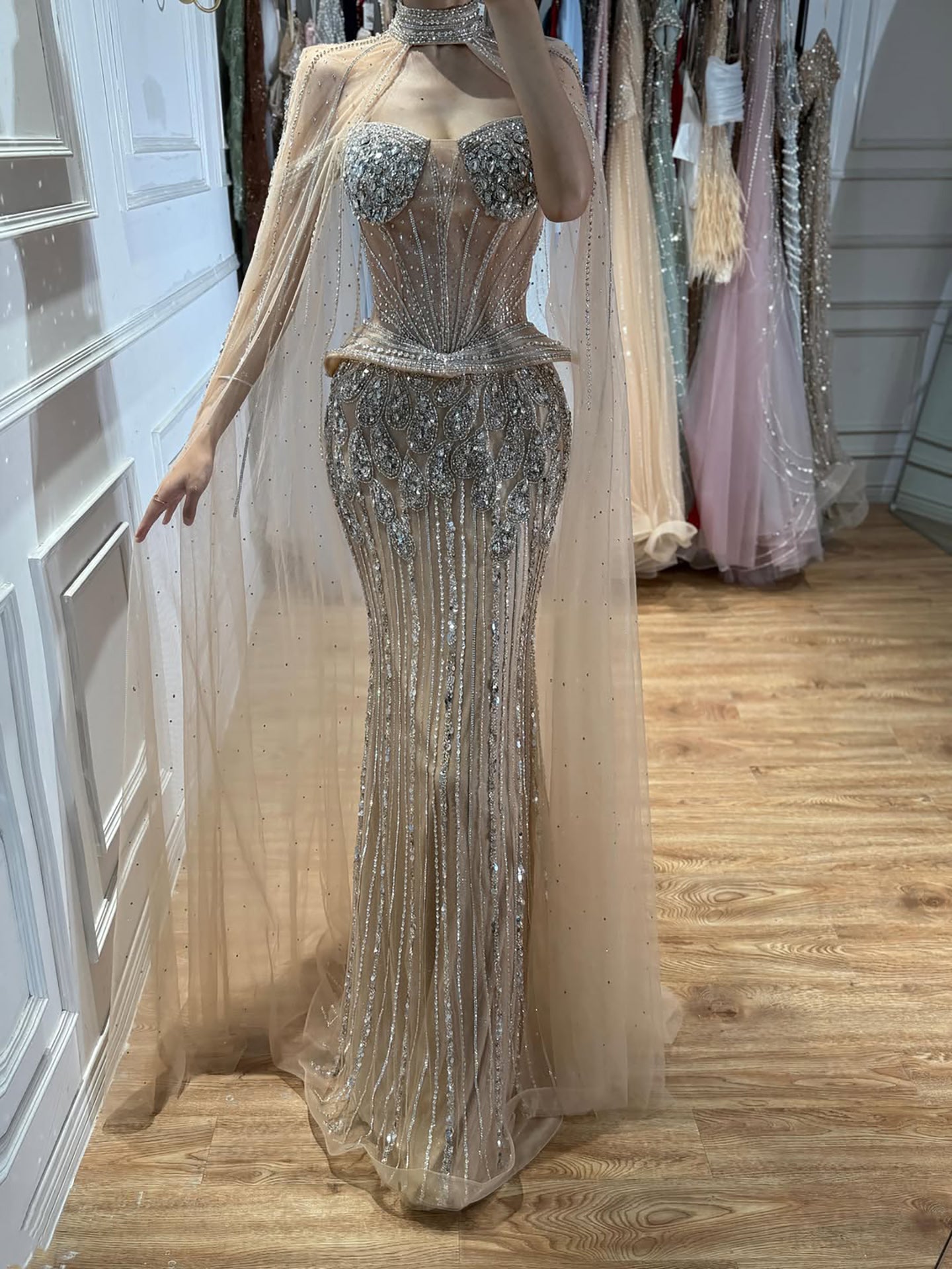 Luxury Nude Crystal Beaded Mermaid Gown with High Neck Cape LA73816 SERENE HILL