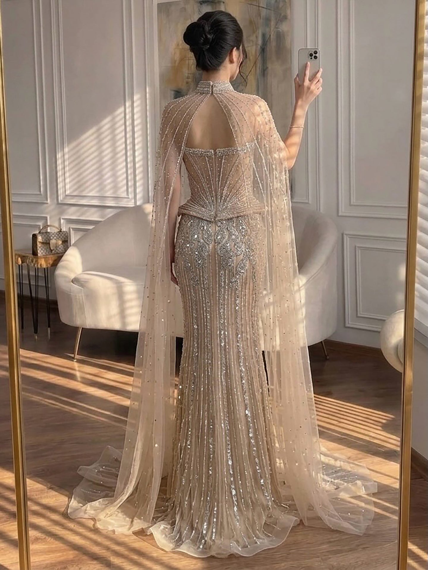Luxury Nude Crystal Beaded Mermaid Gown with High Neck Cape LA73816 SERENE HILL