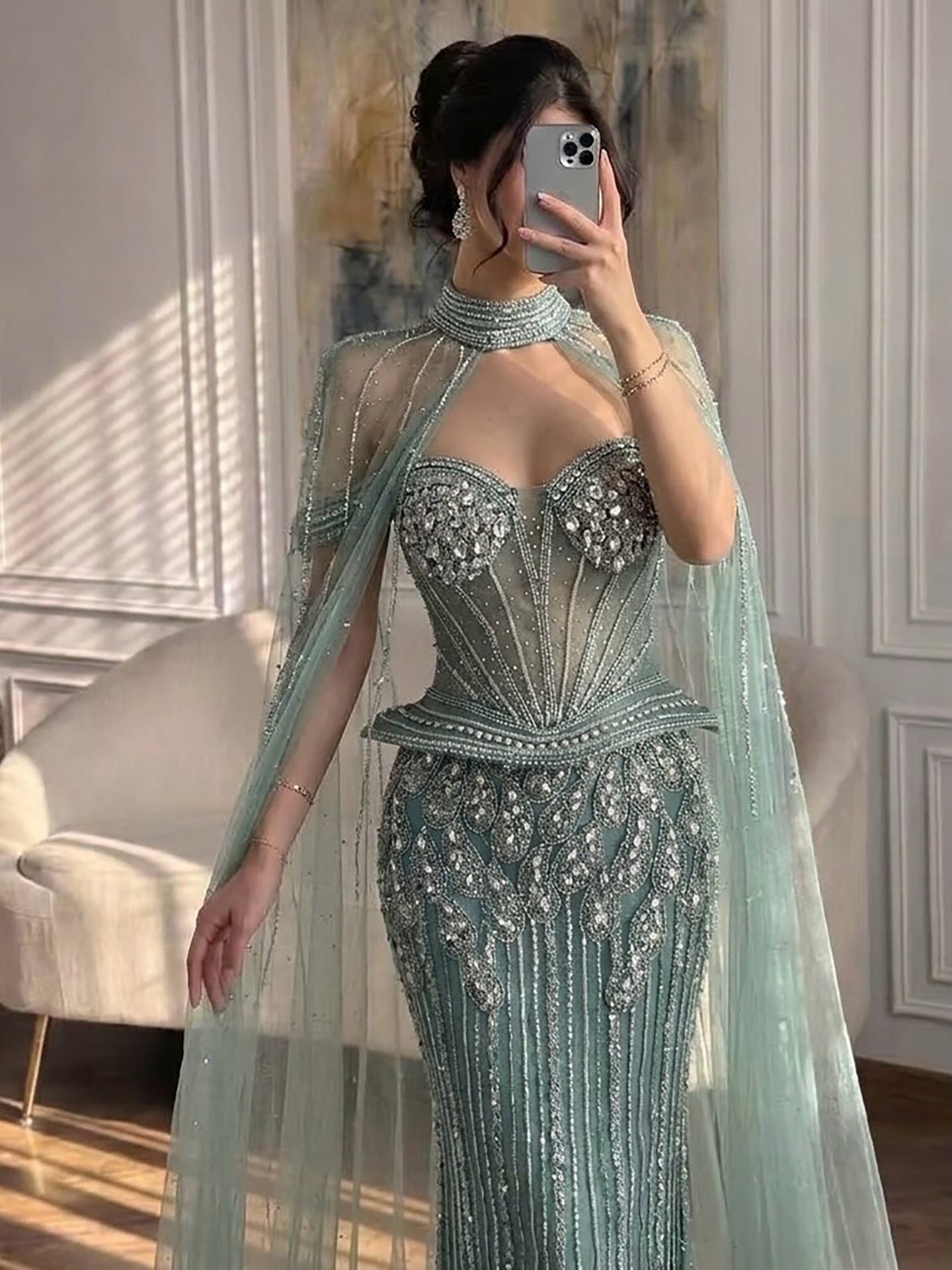 Luxury Nude Crystal Beaded Mermaid Gown with High Neck Cape LA73816 SERENE HILL
