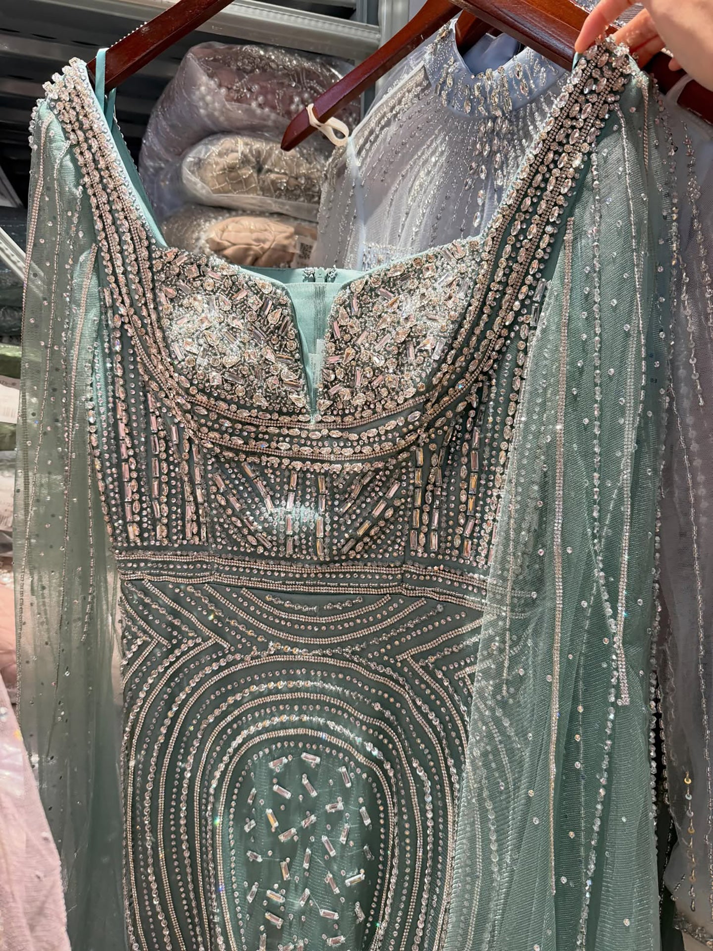 Luxury Turquoise Beaded Mermaid Gown with Cape Sleeves LA73819 SERENE HILL