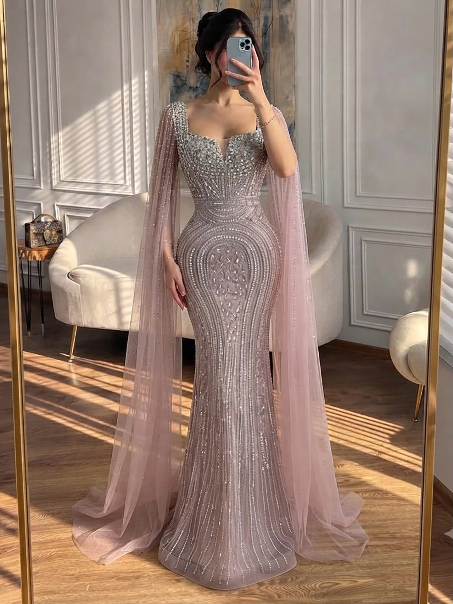 Luxury Turquoise Beaded Mermaid Gown with Cape Sleeves LA73819 SERENE HILL