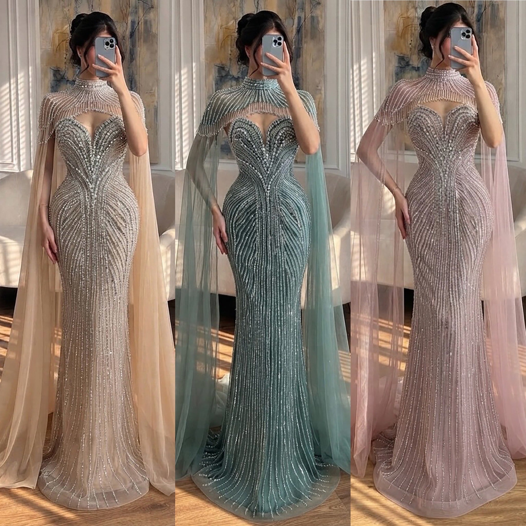 Luxury Pink Crystal Beaded Mermaid Evening Dress with Cape LA73822 SERENE HILL
