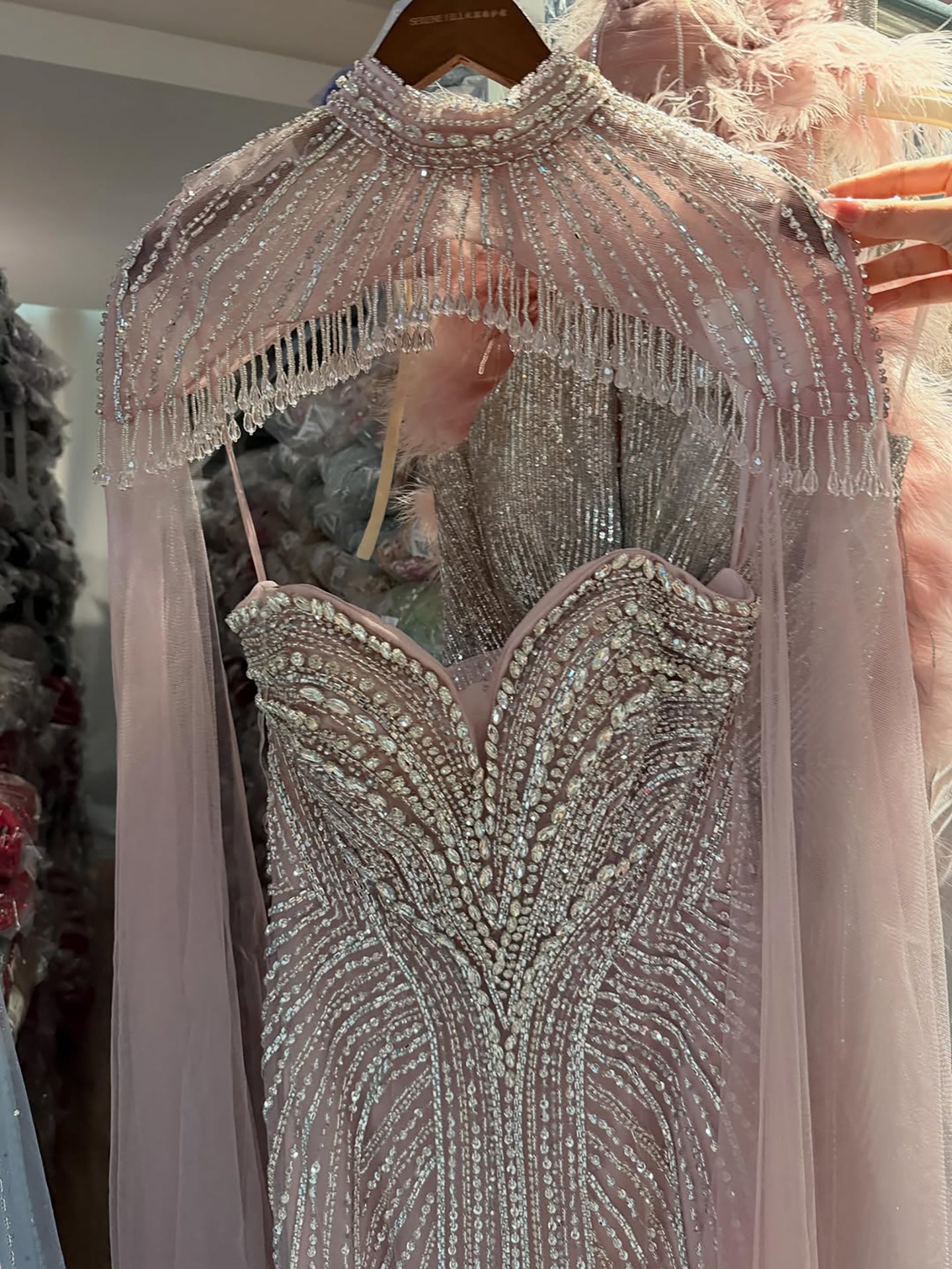 Luxury Pink Crystal Beaded Mermaid Evening Dress with Cape LA73822 SERENE HILL