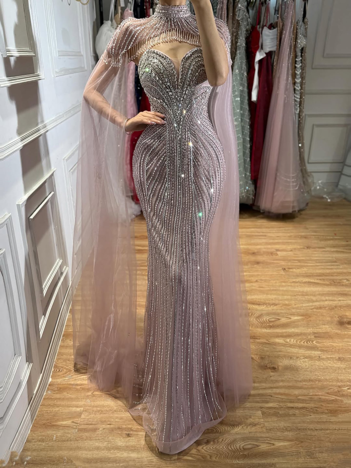Luxury Pink Crystal Beaded Mermaid Evening Dress with Cape LA73822 SERENE HILL