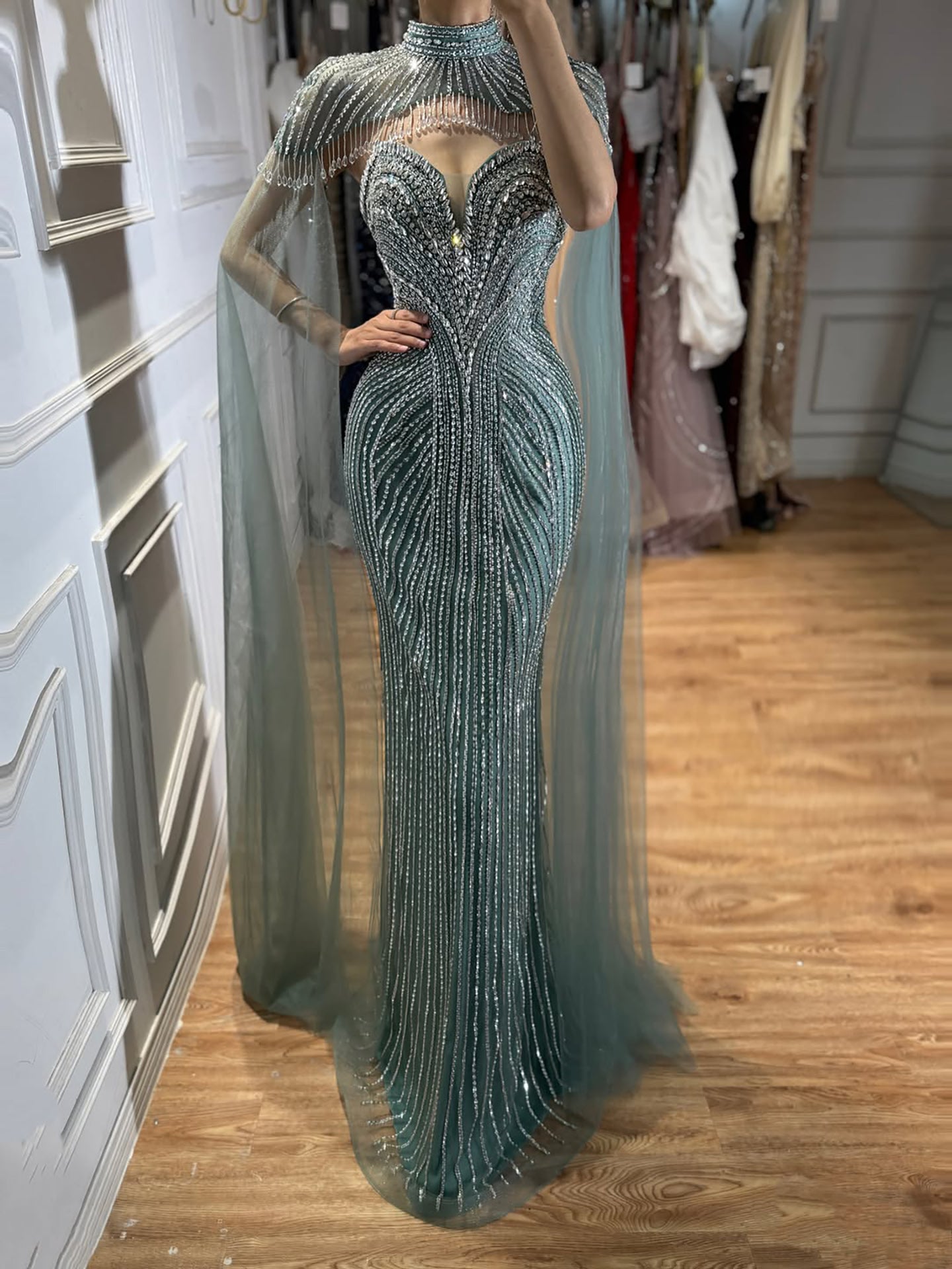 Luxury Pink Crystal Beaded Mermaid Evening Dress with Cape LA73822 SERENE HILL
