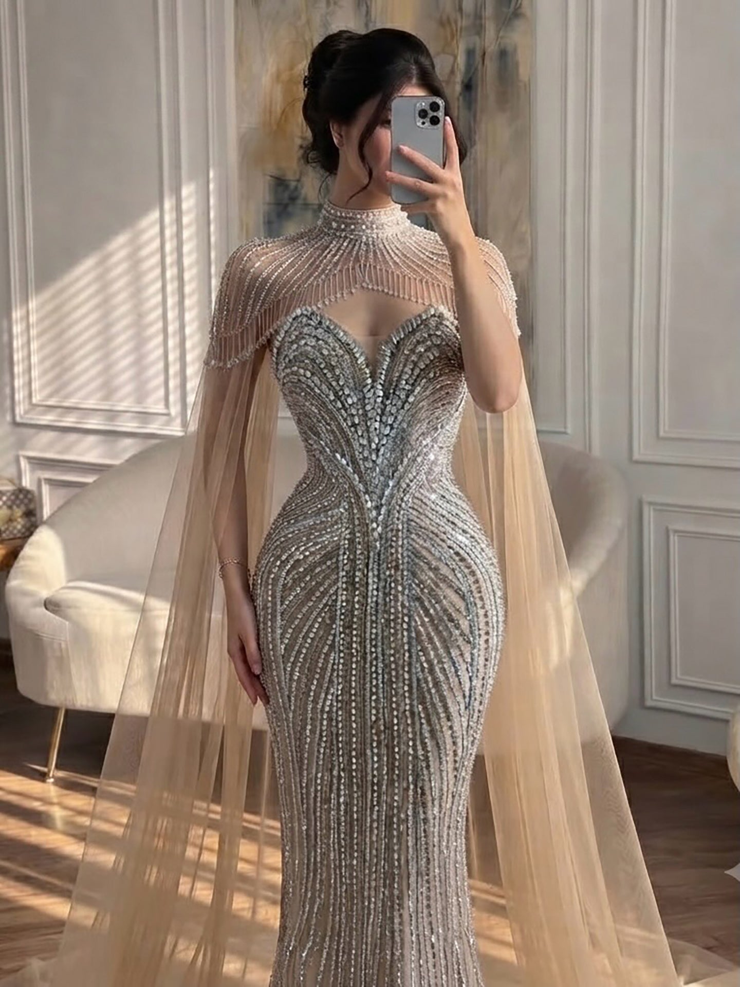 Luxury Pink Crystal Beaded Mermaid Evening Dress with Cape LA73822 SERENE HILL
