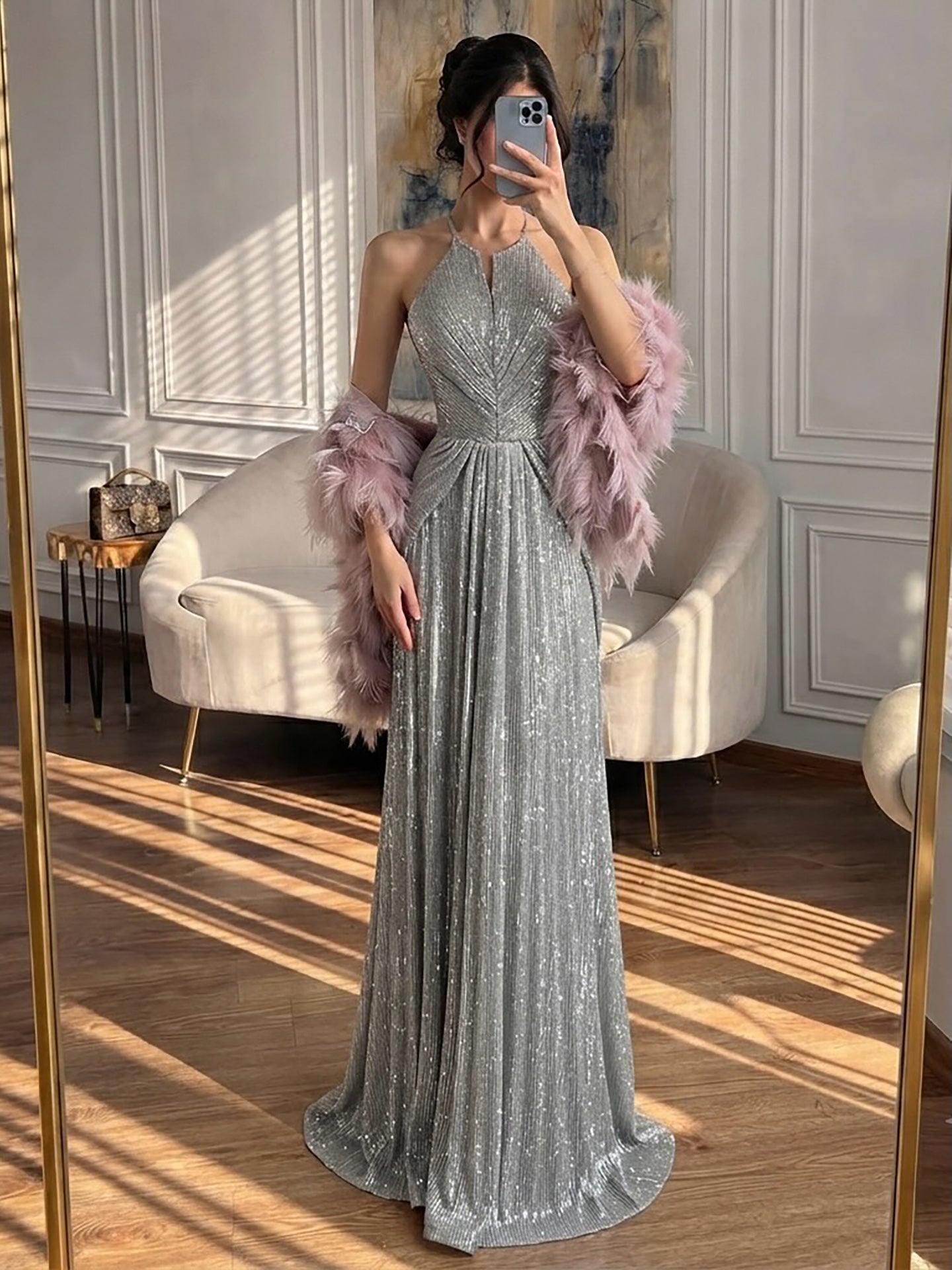 Luxury Silver Halter Feather Beaded Pleated A Line Evening Dress LA73823