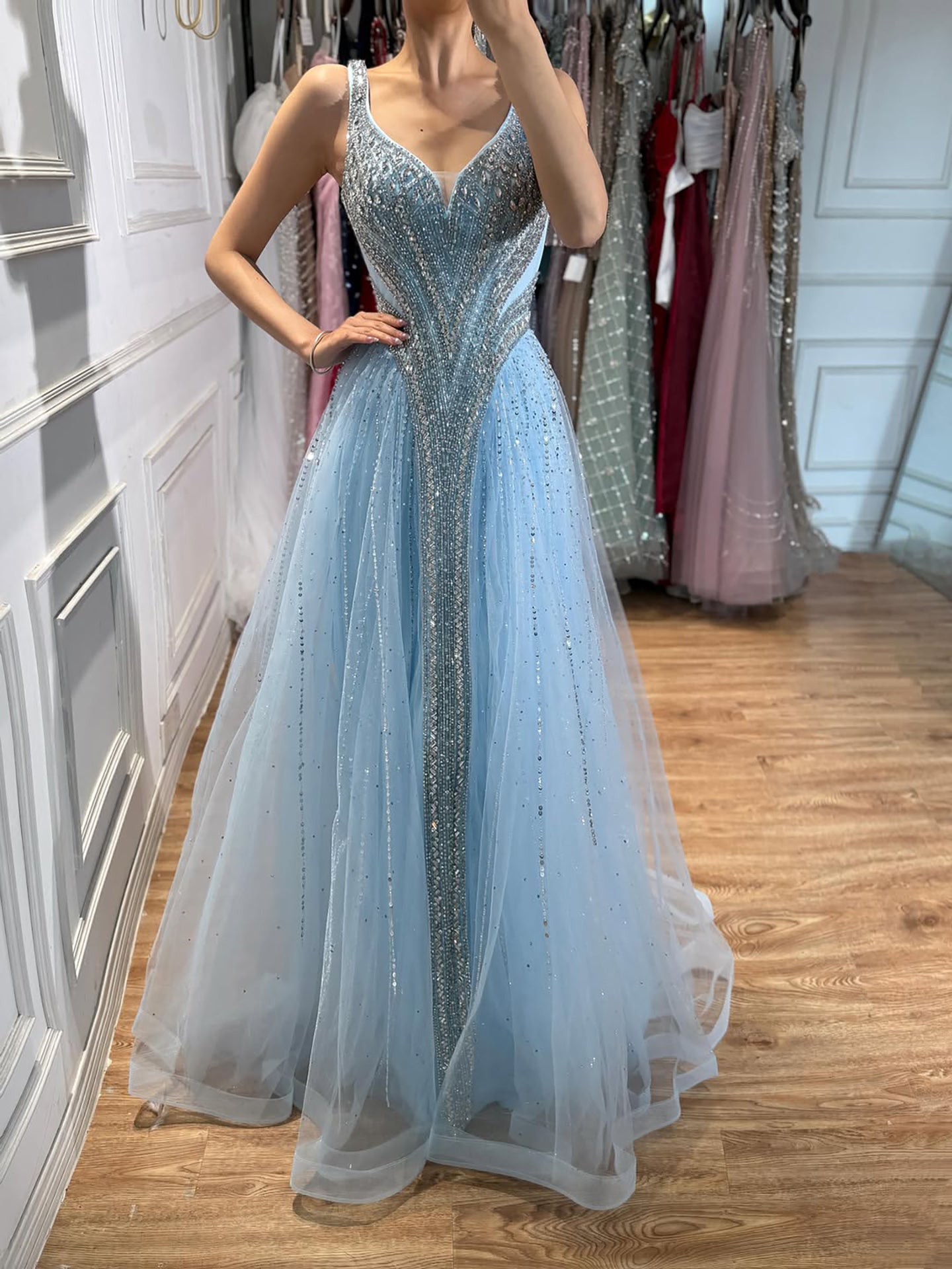 Luxury Light Blue Crystal Beaded V Neck A Line Evening Dress LA73824 SERENE HILL