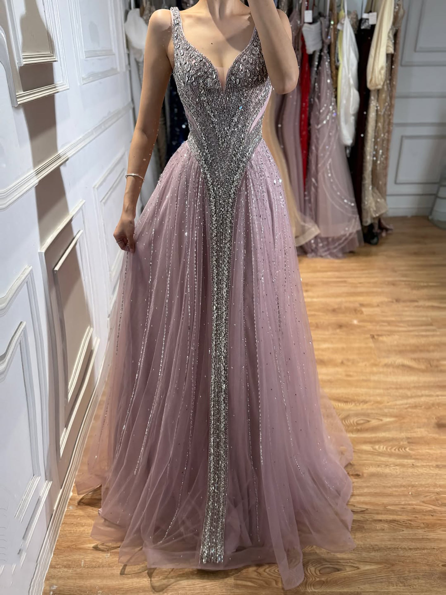 Luxury Light Blue Crystal Beaded V Neck A Line Evening Dress LA73824 SERENE HILL