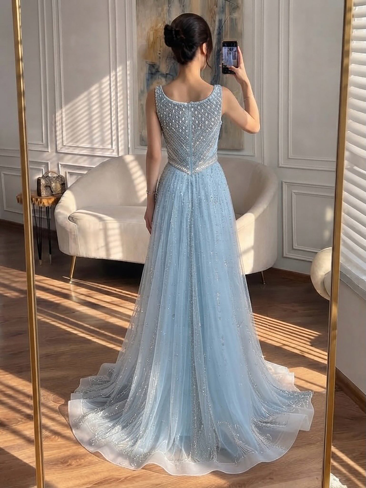 Luxury Light Blue Crystal Beaded V Neck A Line Evening Dress LA73824 SERENE HILL