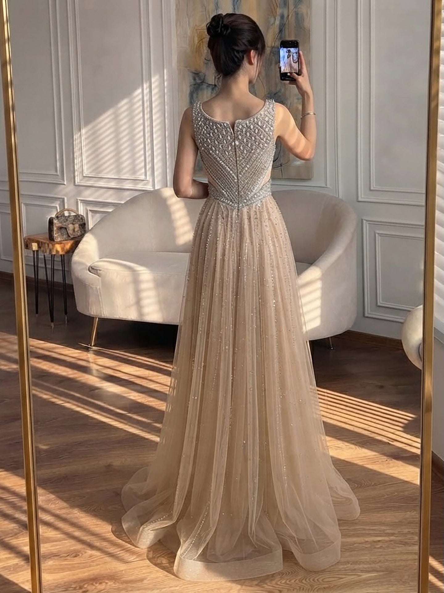 Luxury Light Blue Crystal Beaded V Neck A Line Evening Dress LA73824 SERENE HILL