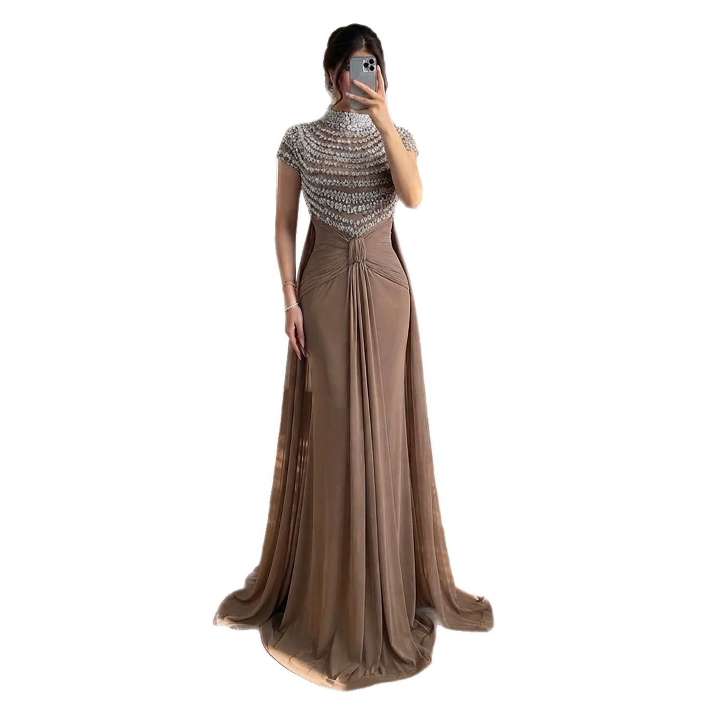 Luxury Caramel High-Neck Beaded Ruched Mermaid Evening Dress LA73825 SERENE HILL