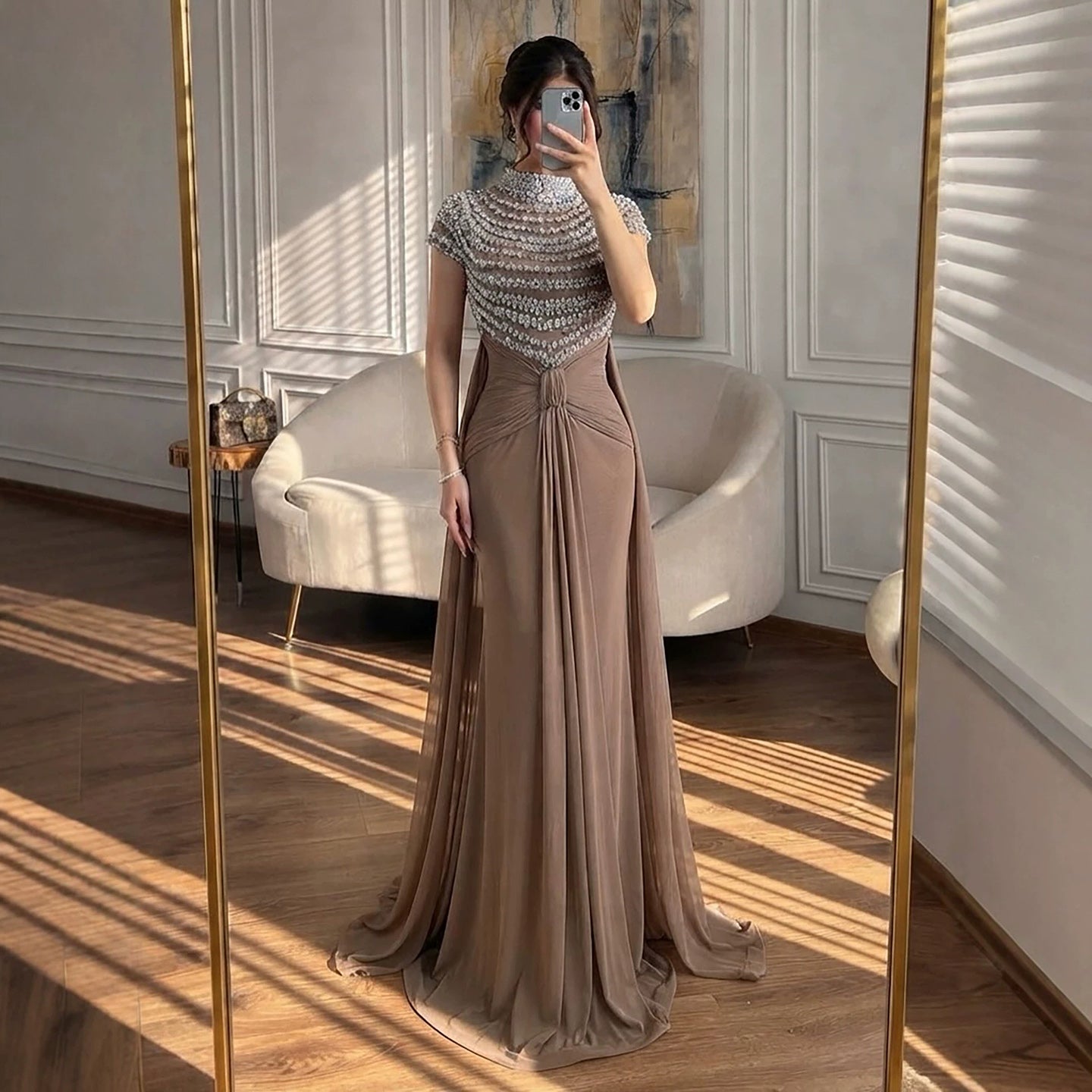 Luxury Caramel High-Neck Beaded Ruched Mermaid Evening Dress LA73825 SERENE HILL