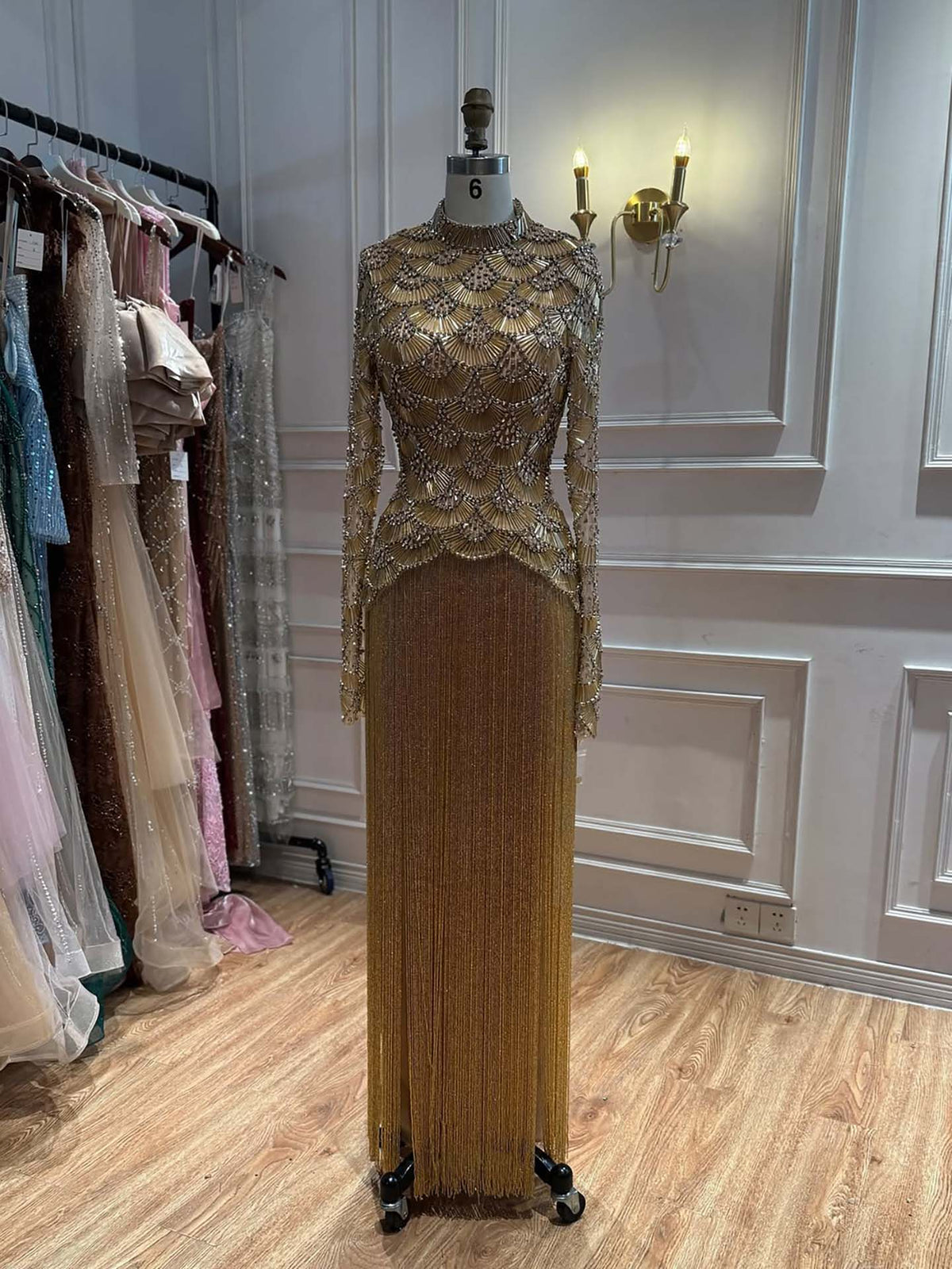 Luxury Gold Beaded High Neck Long Sleeve Tassel Evening Dress LA73834