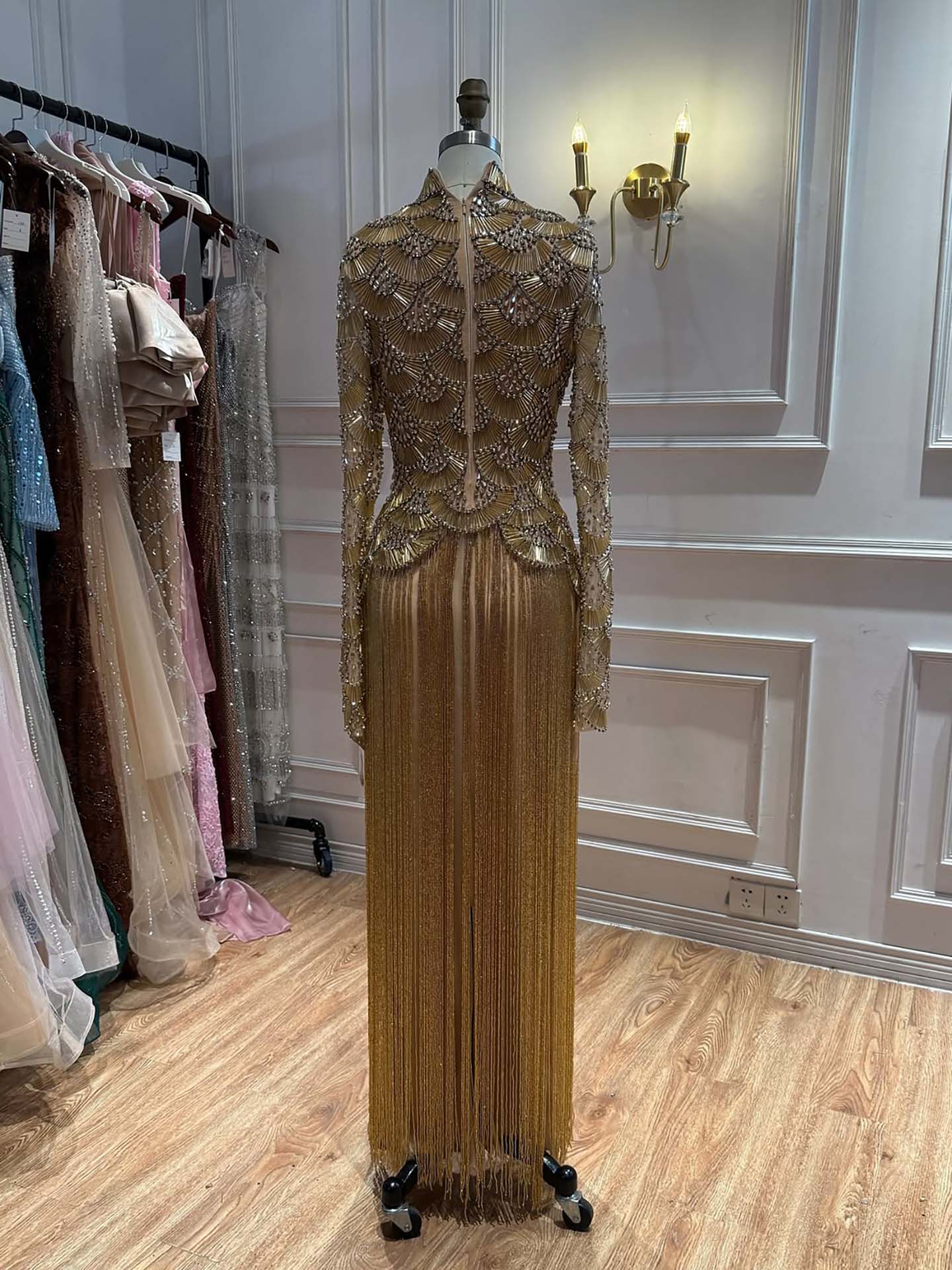 Luxury Gold Beaded High Neck Long Sleeve Tassel Evening Dress LA73834