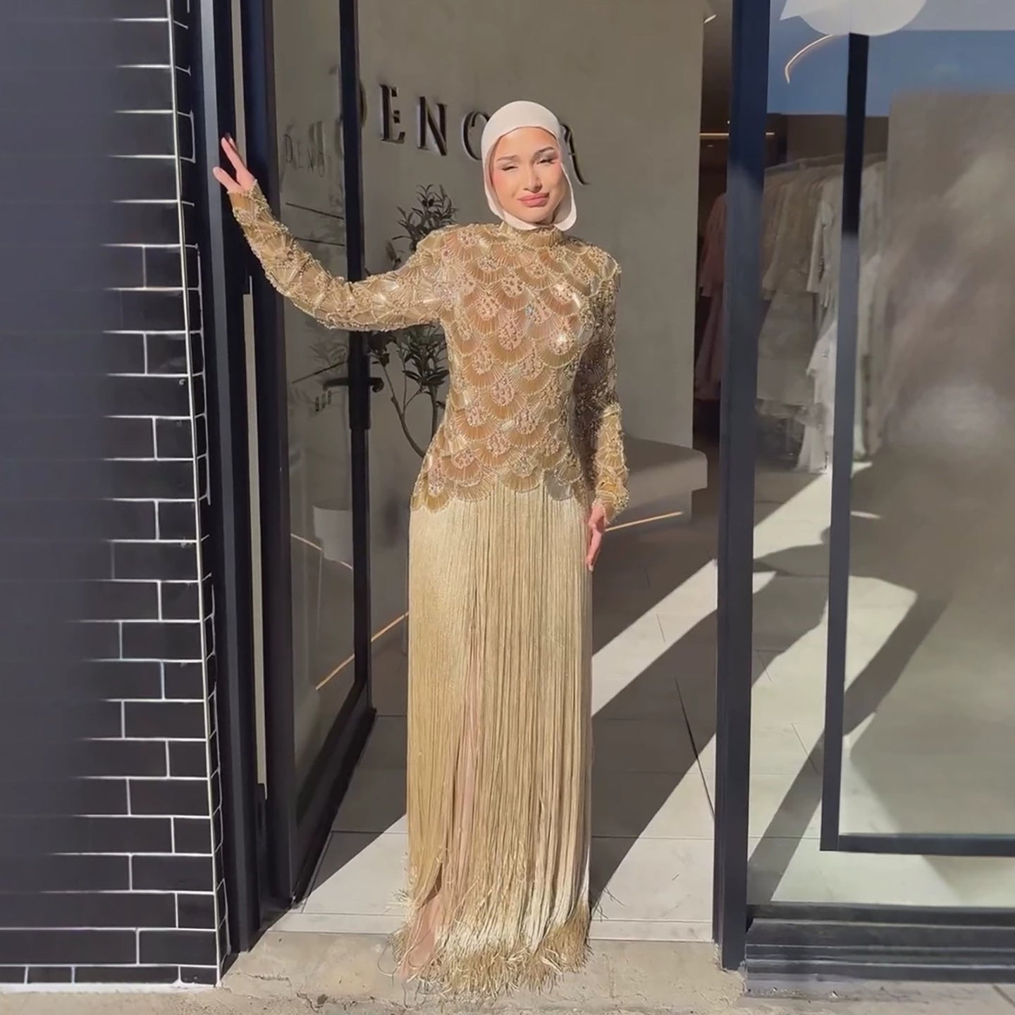 long sleeve tassel dress Luxury Gold Beaded High Neck Evening LA73834 95% Polyester How To Accessorise A Skirt/Dress length type:Shorter Ver. (Height less than 154cm) 100% Linen Dress