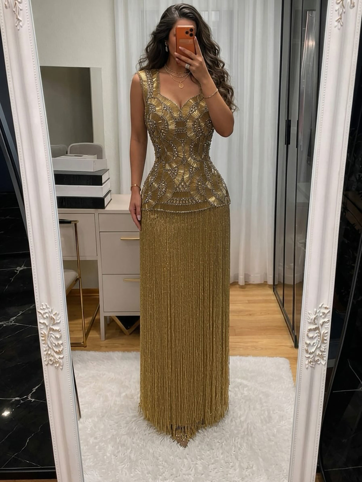 Luxury Gold Sweetheart Scalloped Beaded Fringe Long Dress LA73835