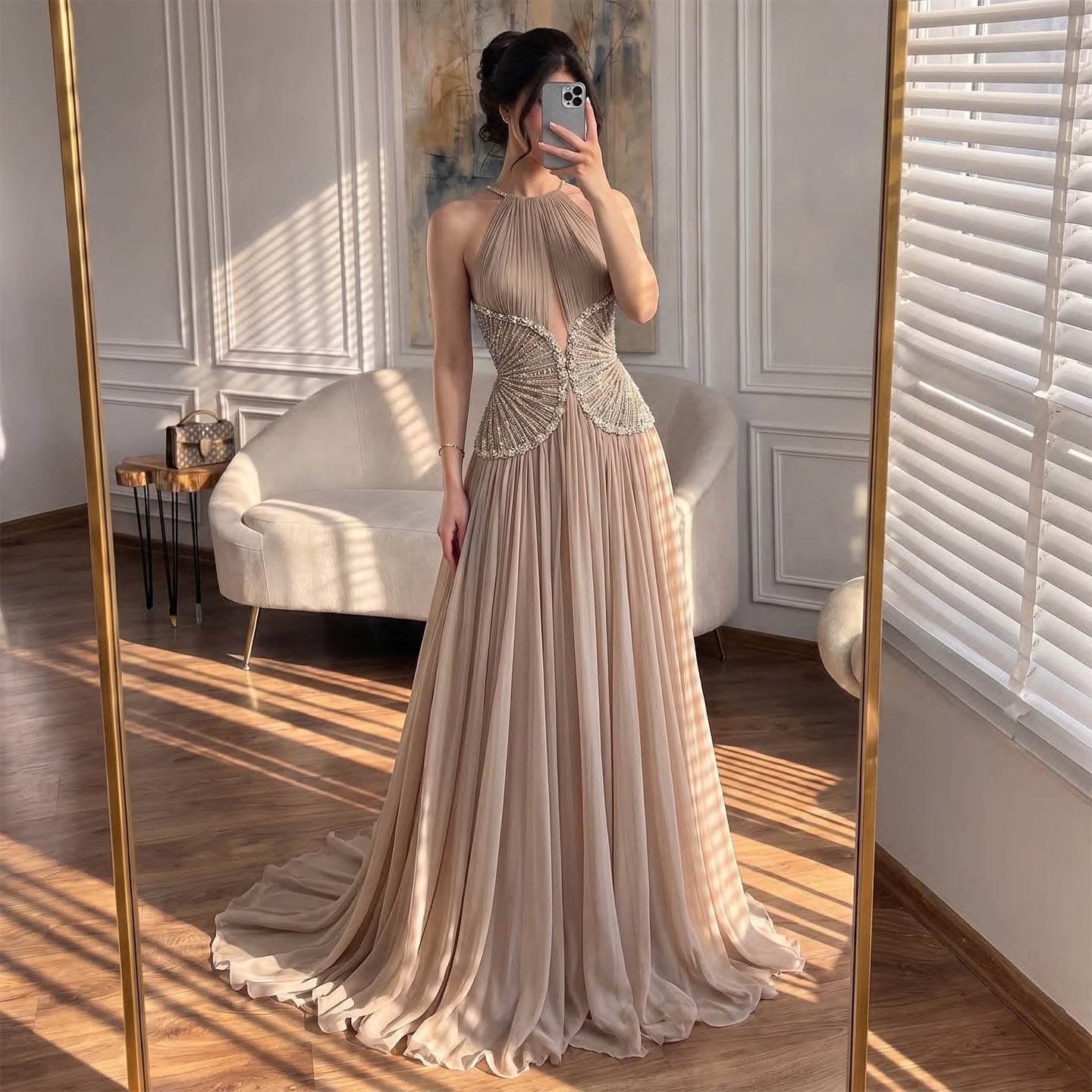 Luxury Nude Halter Beaded Pleated Chiffon A Line Evening Dress LA73838 Nude / 16