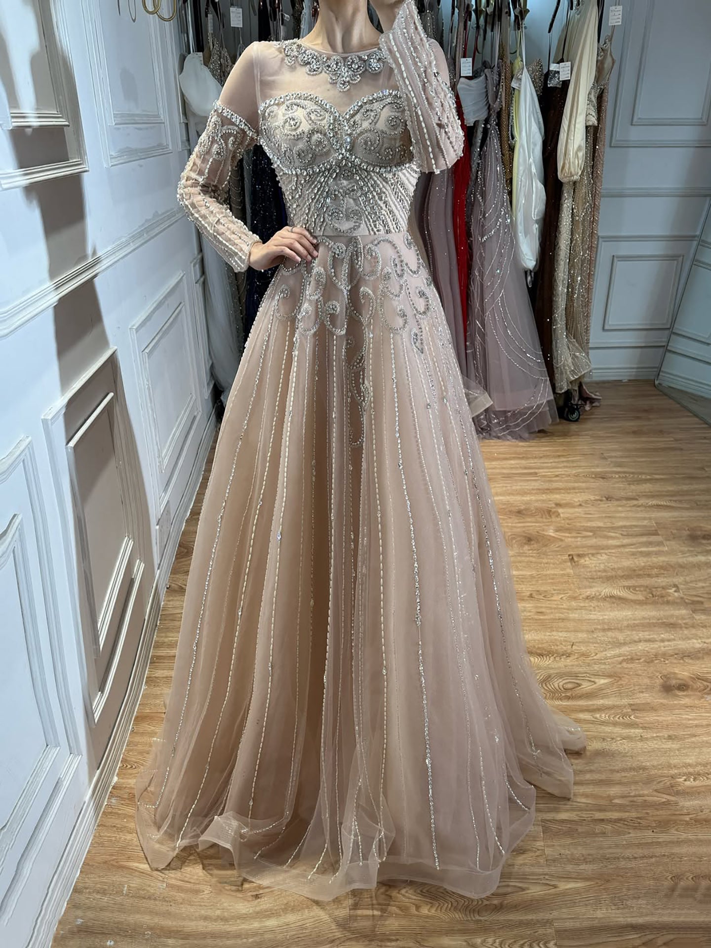 Luxury Caramel Illusion Long Sleeve Beaded Baroque A Line Dress LA73840 SERENE HILL