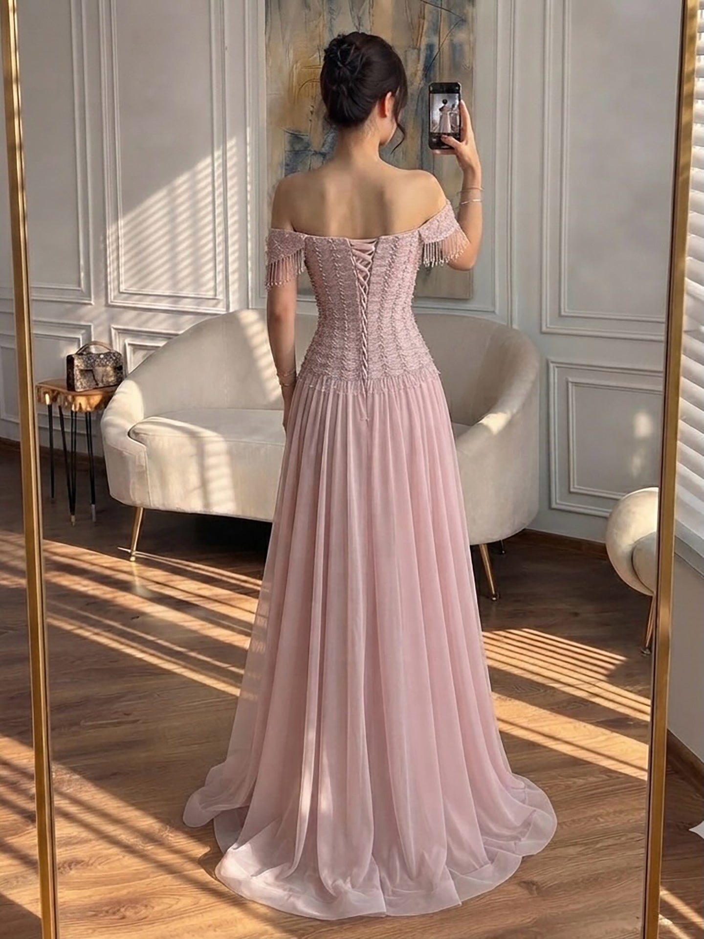 Luxury Pink Off The Shoulder Beaded Tassel Lace Up A Line Dress LA73842 SERENE HILL