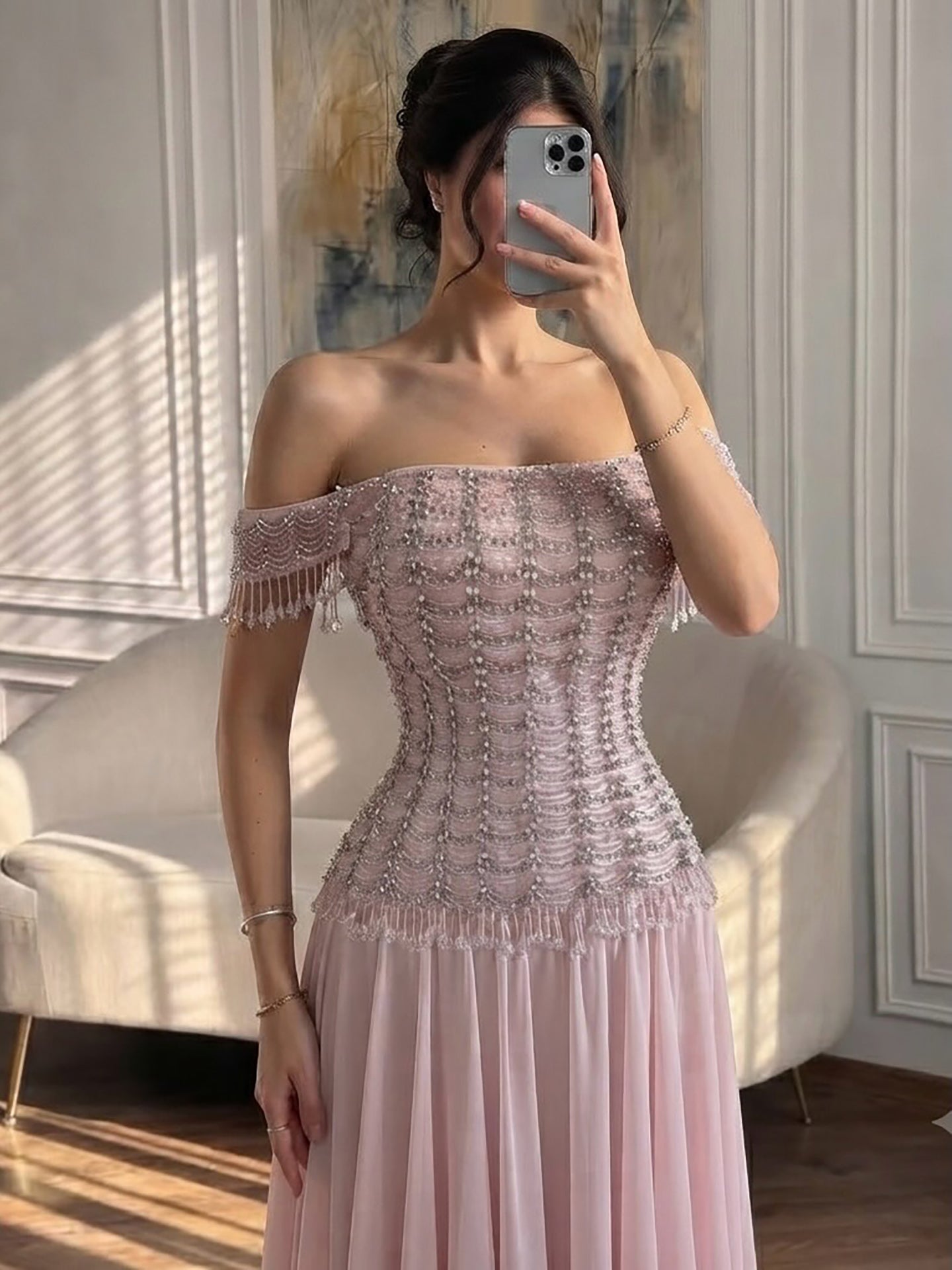 Luxury Pink Off The Shoulder Beaded Tassel Lace Up A Line Dress LA73842 SERENE HILL