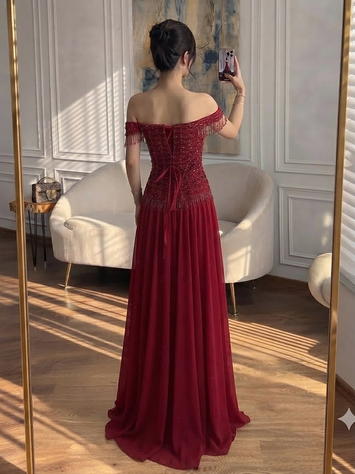 Luxury Pink Off The Shoulder Beaded Tassel Lace Up A Line Dress LA73842 SERENE HILL