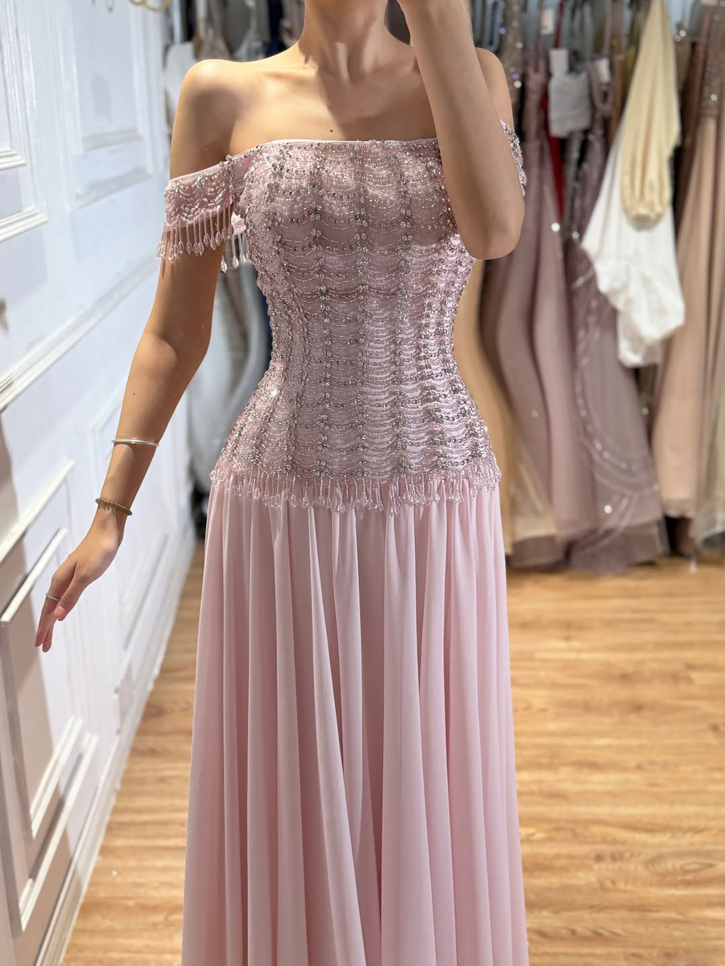 Luxury Pink Off The Shoulder Beaded Tassel Lace Up A Line Dress LA73842 SERENE HILL