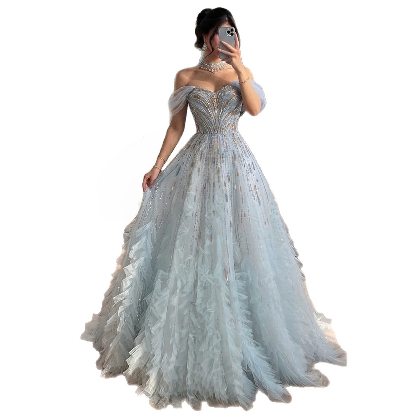 Luxury Light Blue Off The Shoulder Beaded Tiered Ruffle Dress LA73843 SERENE HILL