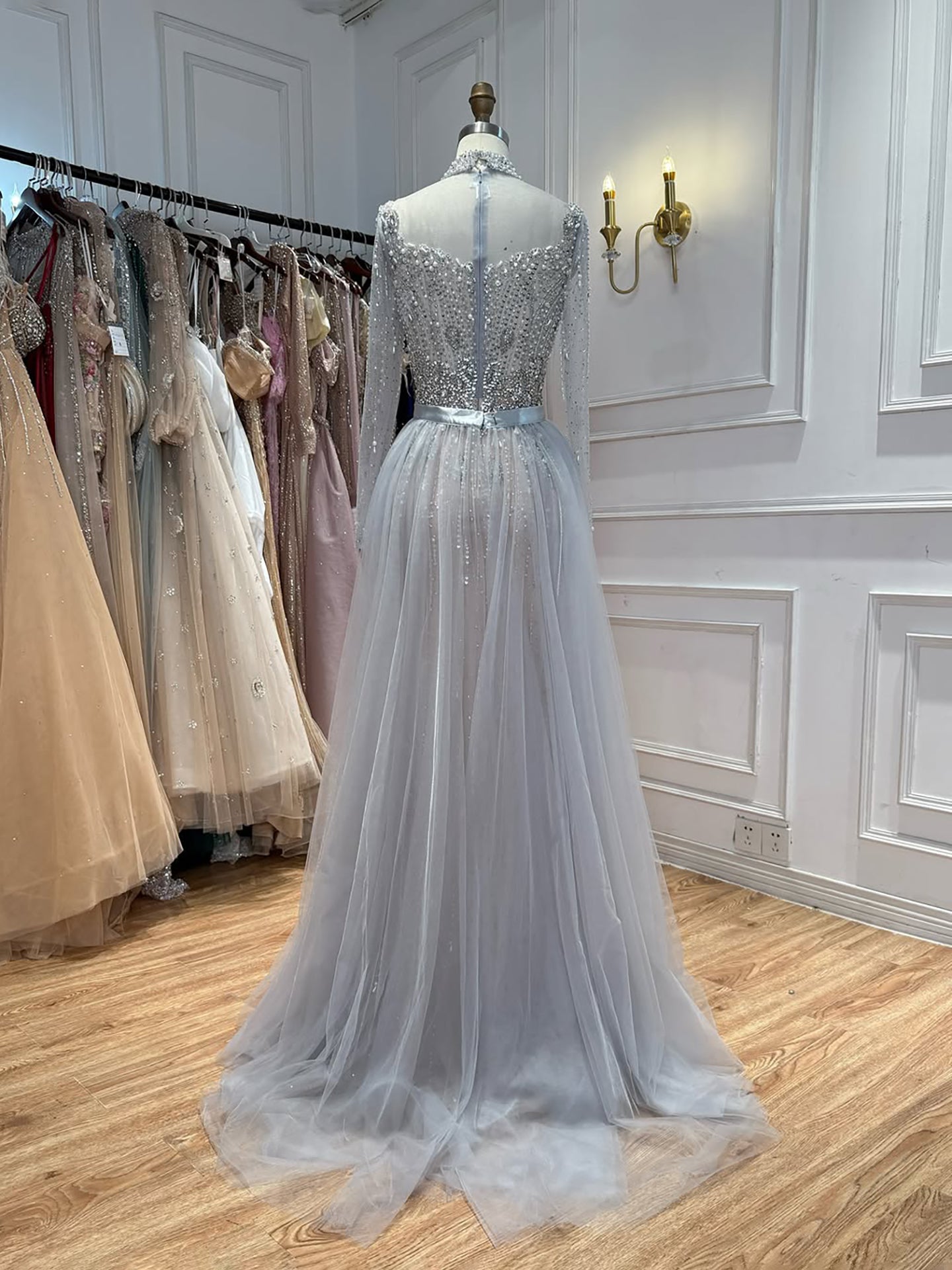 Luxury Gray Nude Pearls Beaded Mermaid Evening Dress Overskirt LA73884 SERENE HILL