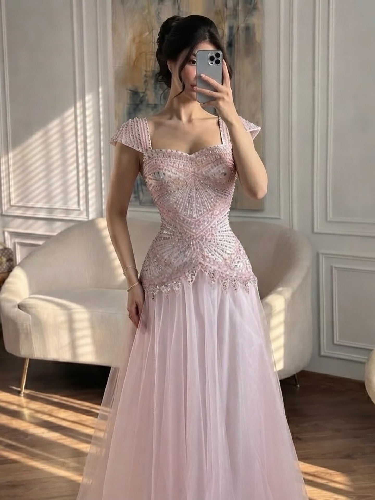 Luxury Pink Beaded Cap Sleeve Lace Up A-Line Dress LA73844 SERENE HILL