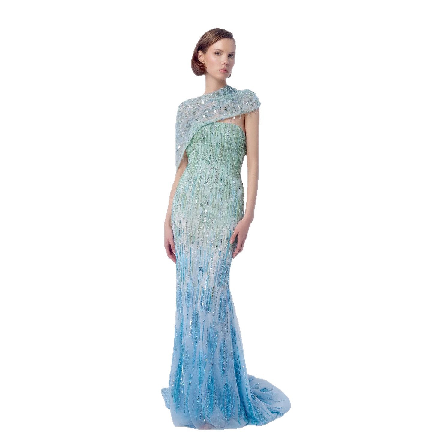 Luxury Blue One Shoulder Ombre Beaded Backless Mermaid Dress LA73845 SERENE HILL
