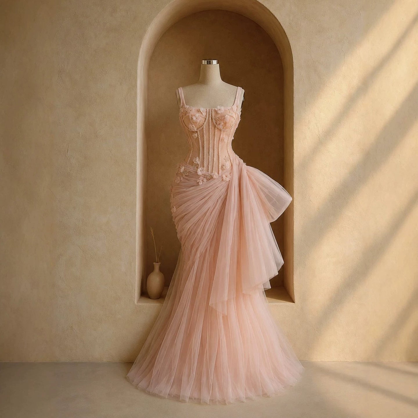Luxury Pink Square Neck 3D Floral Asymmetric Draped Mermaid Dress LA73847 SERENE HILL