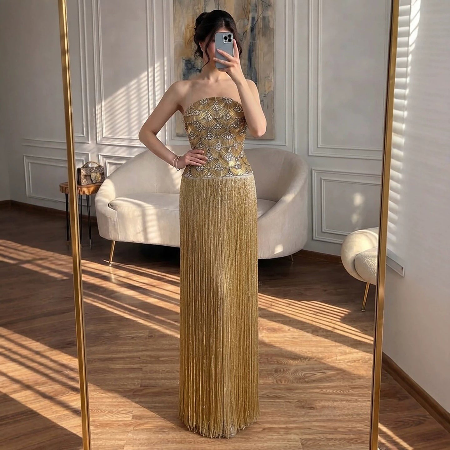 Luxury Gold Beaded Fringe Strapless Art Deco Dress LA73853 SERENE HILL