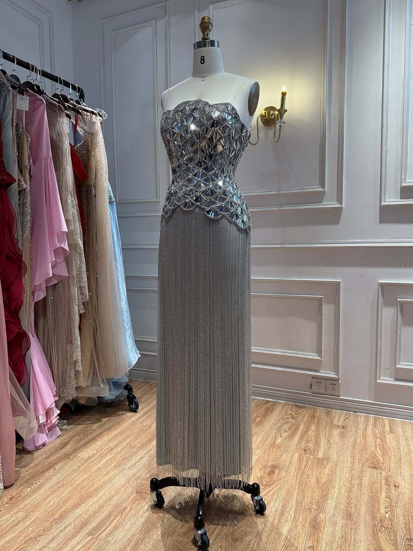 Luxury Silver Mirror Beaded Tassel Straight Evening Dress LA73853A