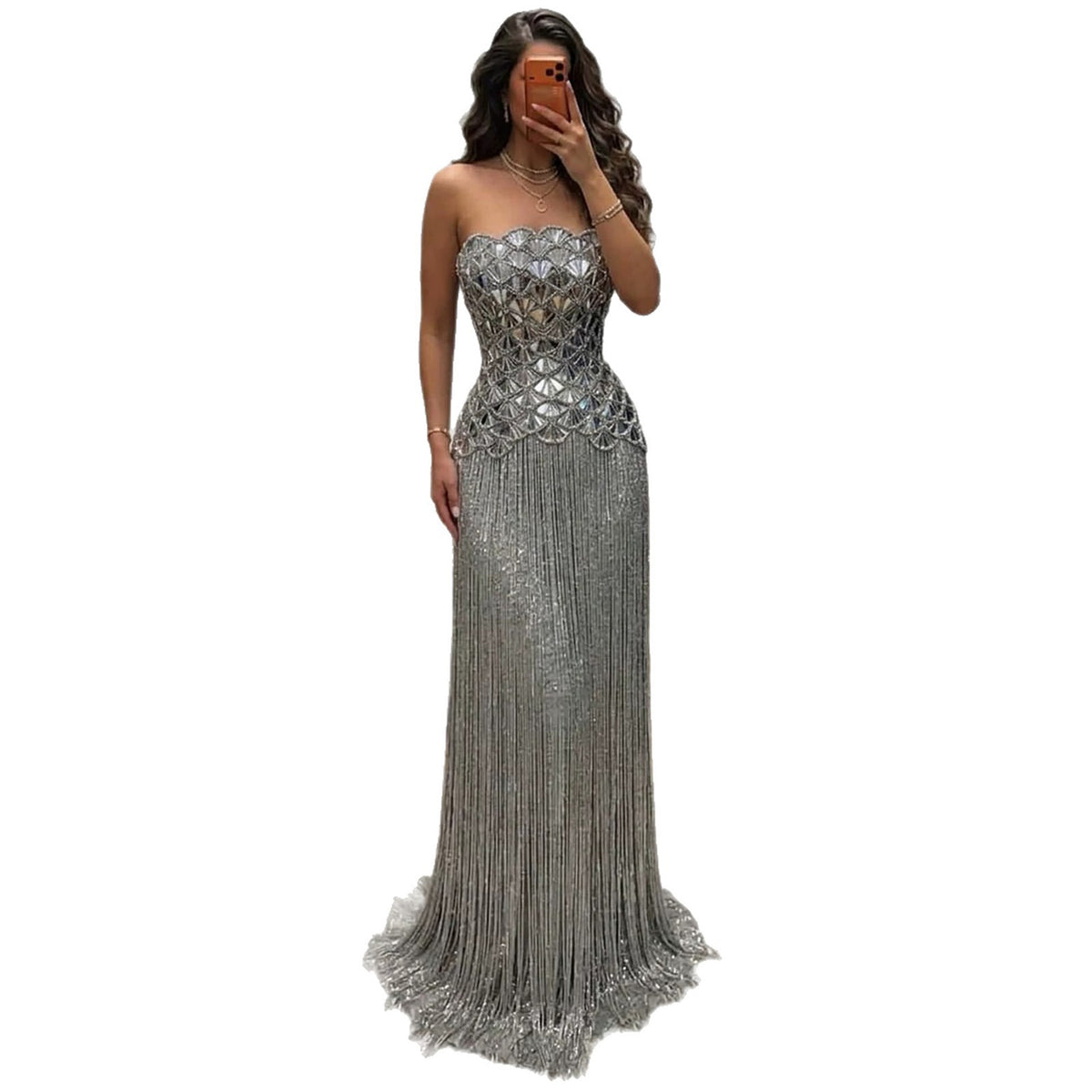 Luxury Silver Mirror Beaded Tassel Straight Evening Dress LA73853A