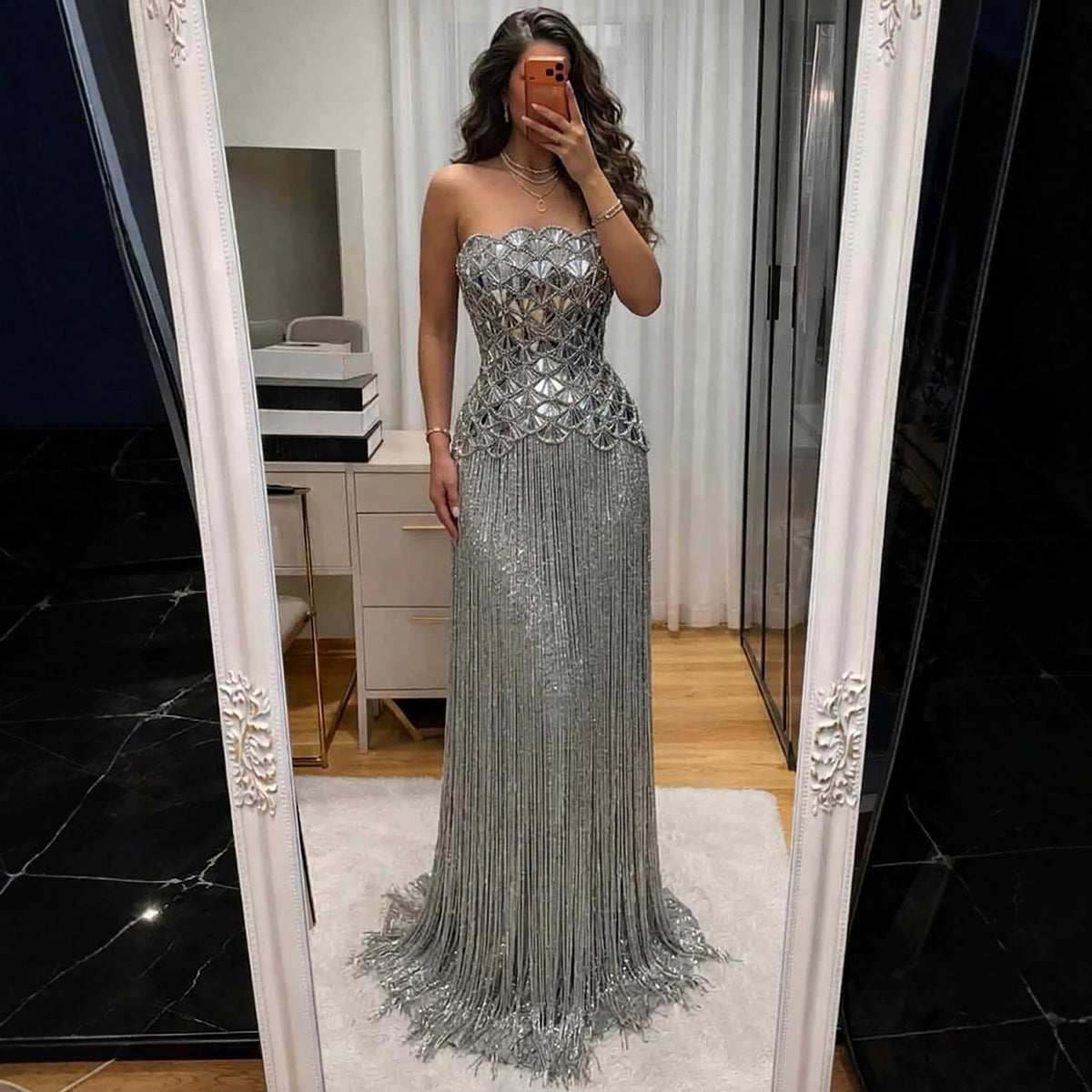 Luxury Silver Mirror Beaded Tassel Straight Evening Dress LA73853A