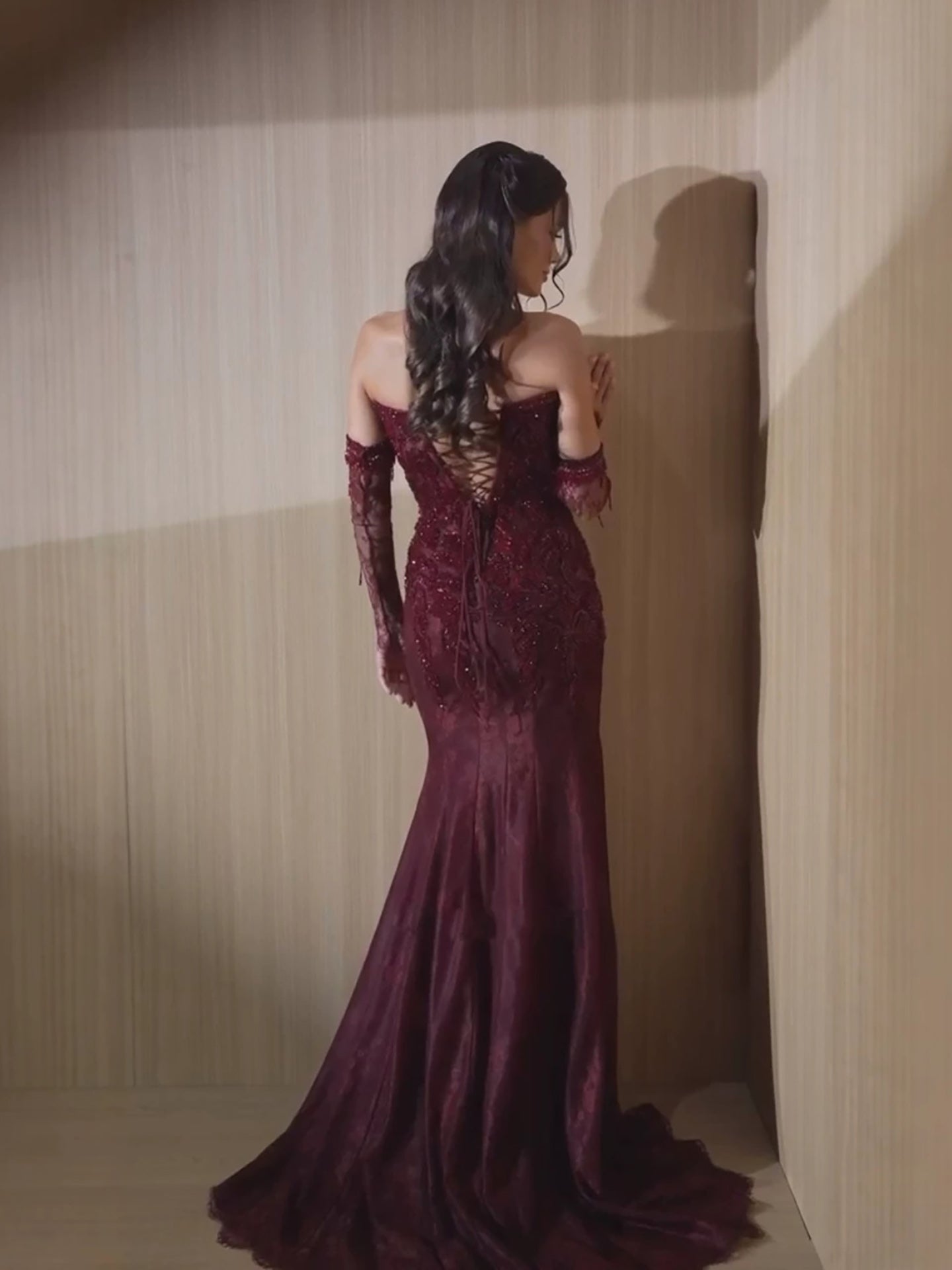 Wine Red Strapless Lace Beaded Detachable Long Sleeve Dress LA73855 SERENE HILL