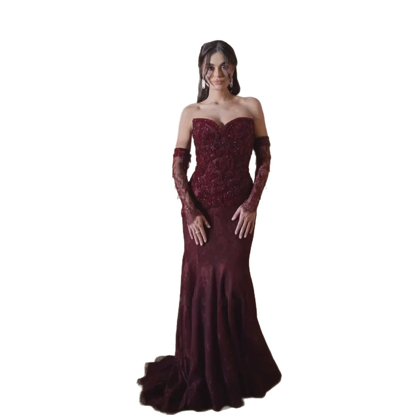 Wine Red Strapless Lace Beaded Detachable Long Sleeve Dress LA73855 SERENE HILL