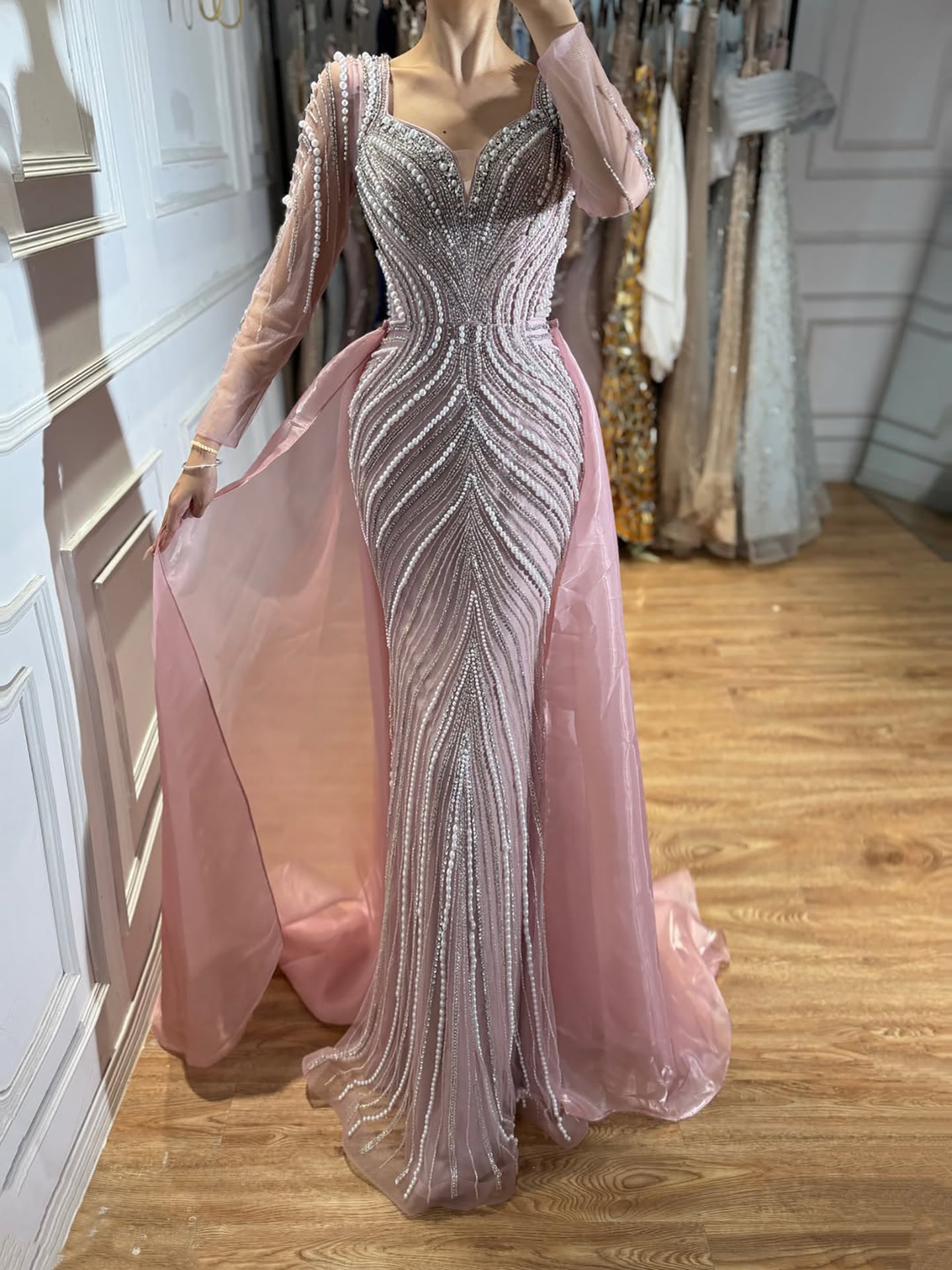 Luxury Nude Long Sleeve Pearl Beaded Mermaid Evening Dress LA73858 SERENE HILL