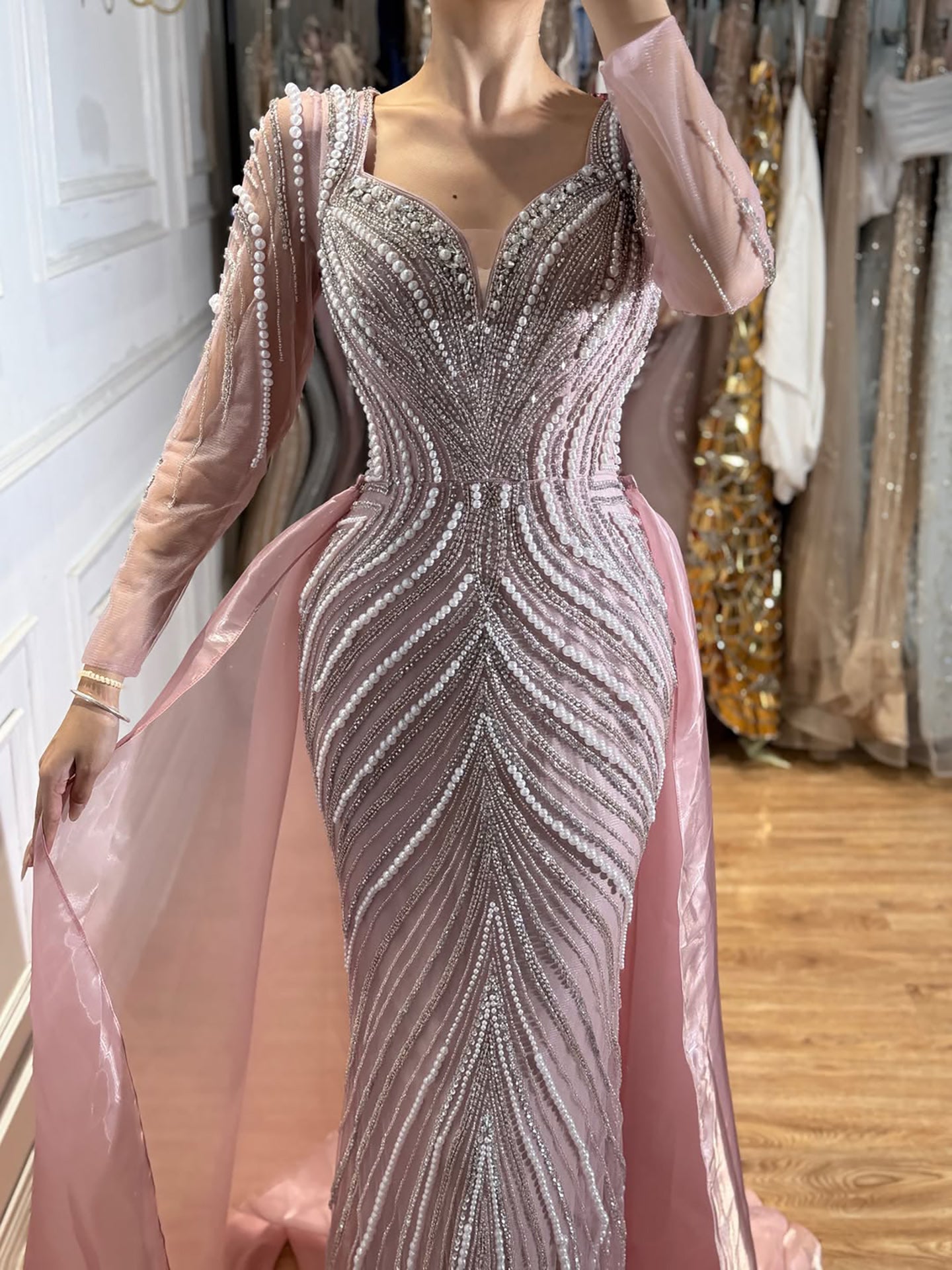Luxury Nude Long Sleeve Pearl Beaded Mermaid Evening Dress LA73858 SERENE HILL