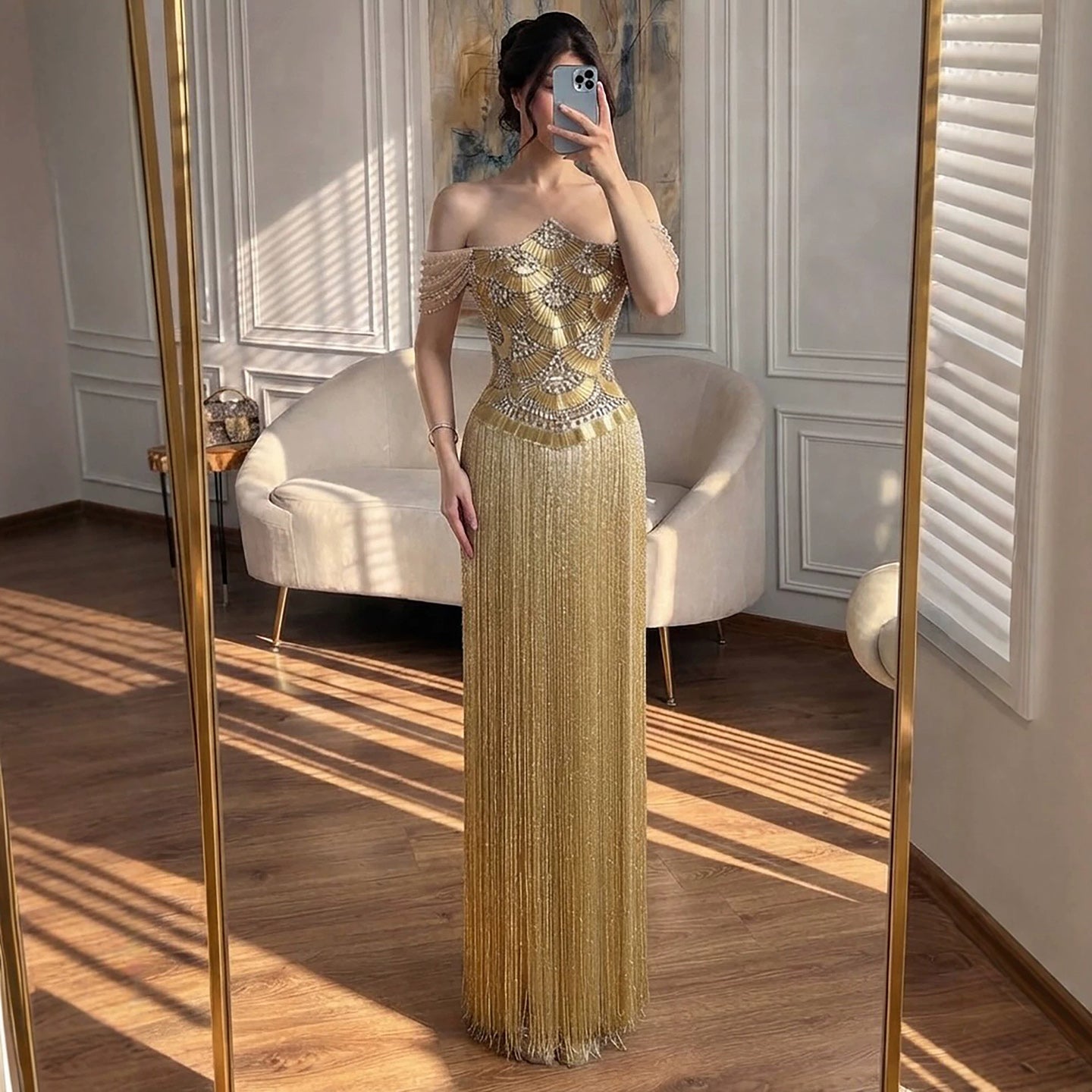 Luxury Gold Off the Shoulder Crystal Beaded Fringe Evening Dress LA73861 SERENE HILL