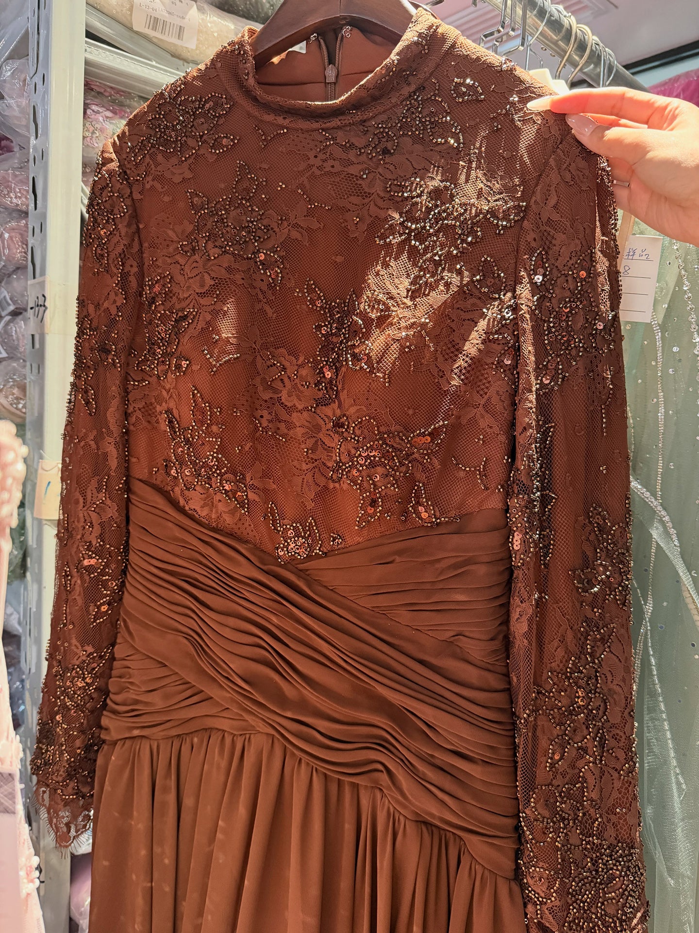 Luxury Coffee Muslim Long Sleeve Beaded Lace A Line Dress LA73862 SERENE HILL