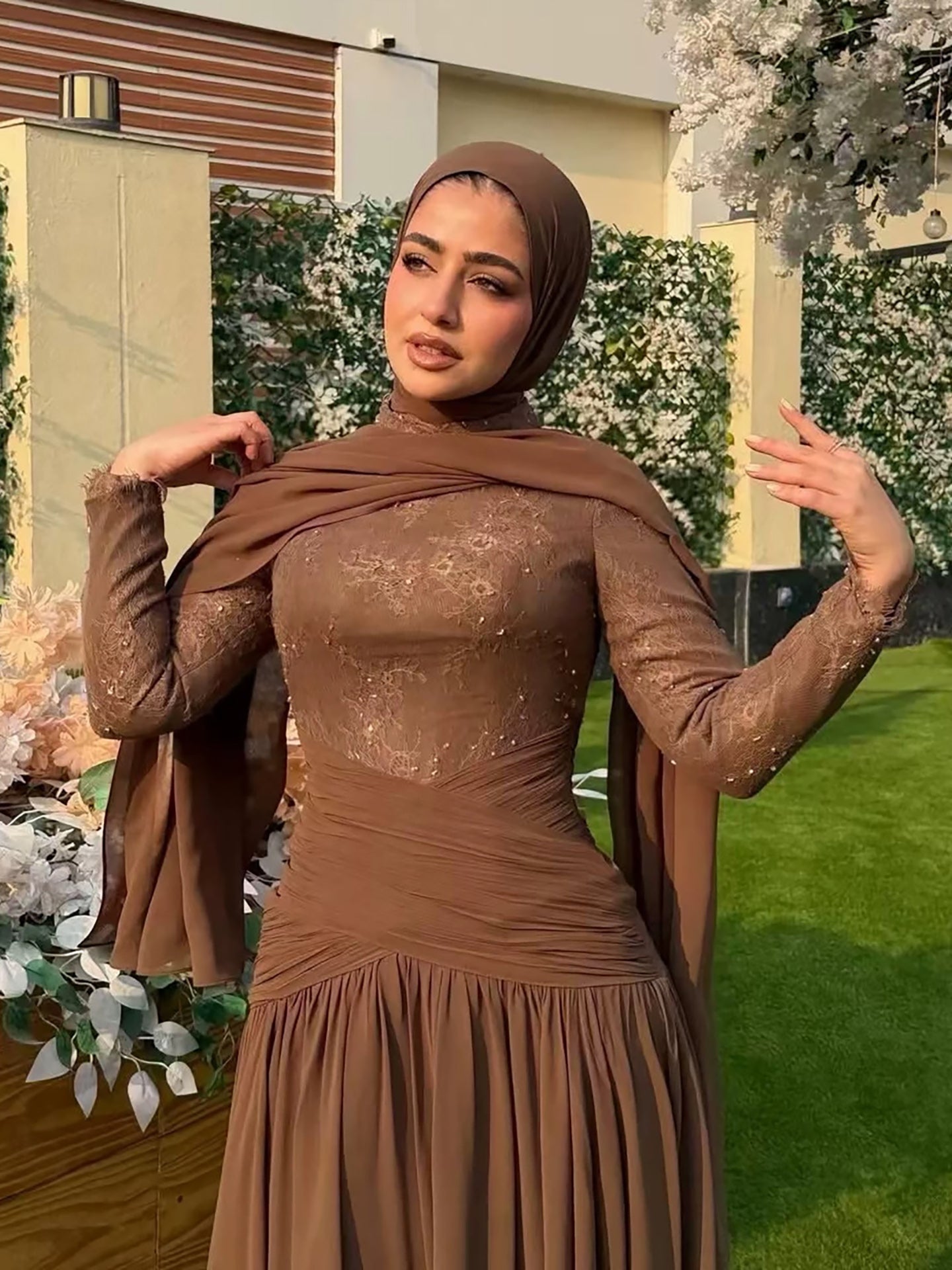 Luxury Coffee Muslim Long Sleeve Beaded Lace A-Line Dress LA73862 SERENE HILL