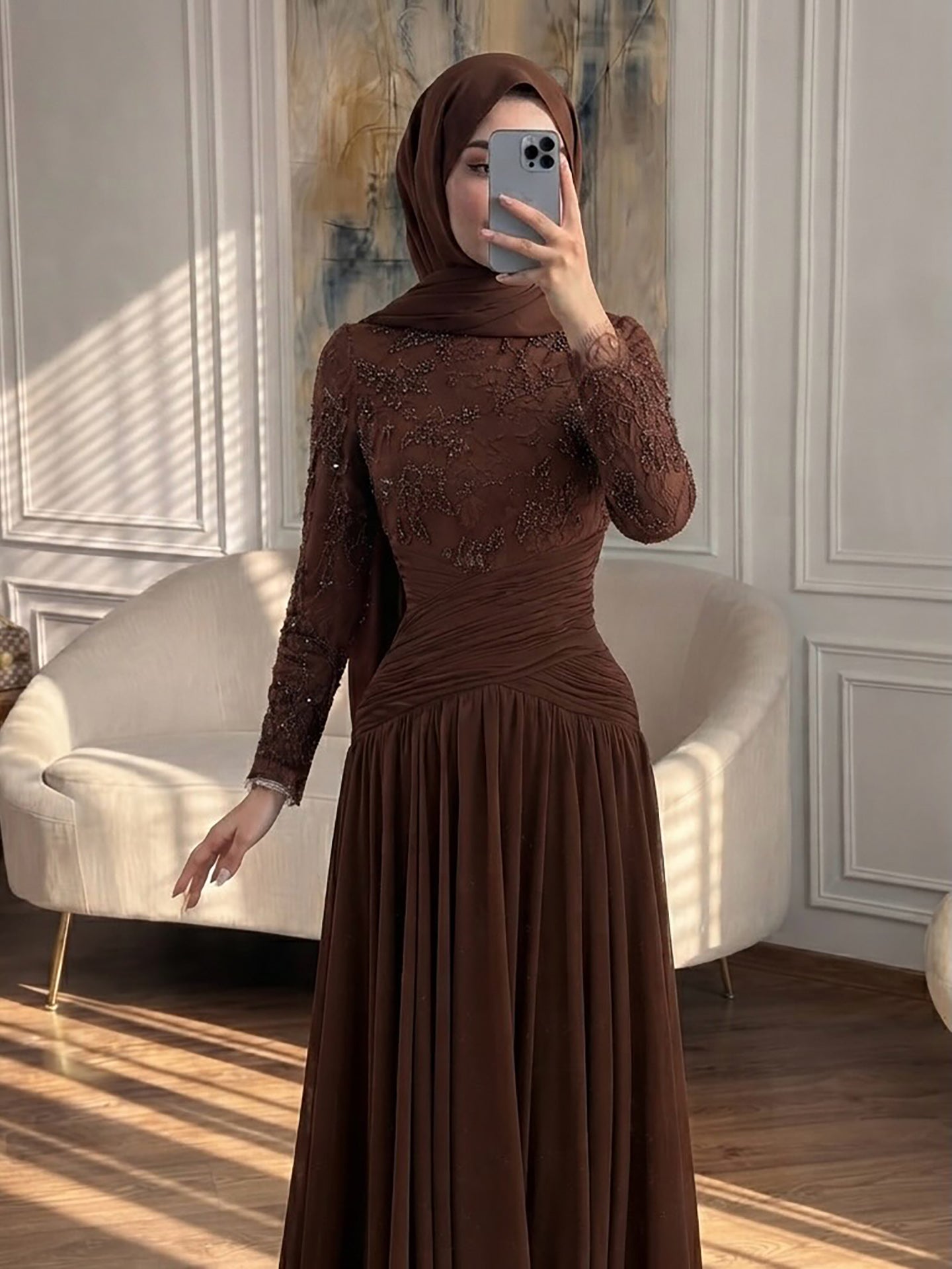 Luxury Coffee Muslim Long Sleeve Beaded Lace A Line Dress LA73862 SERENE HILL