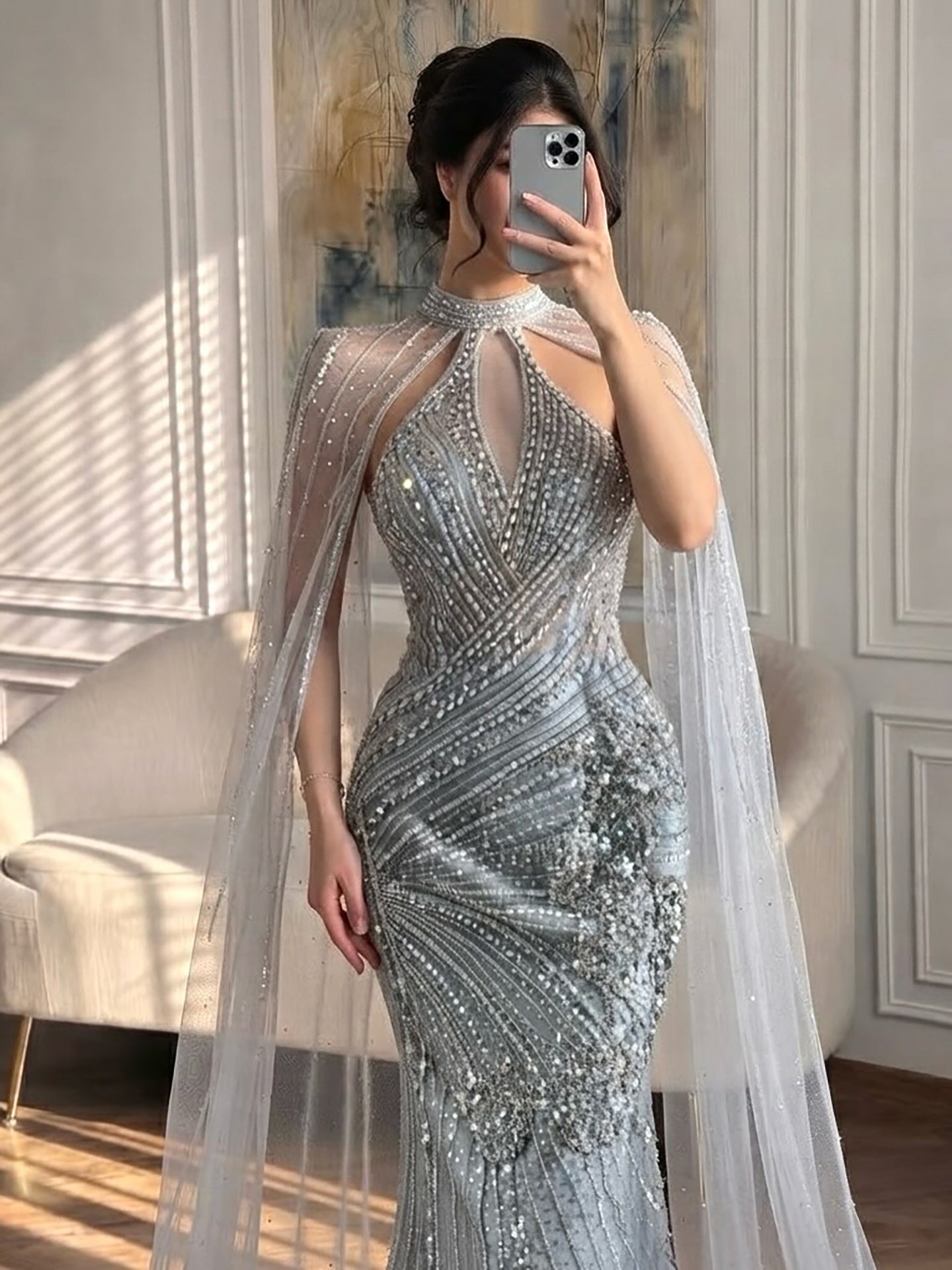 Luxury Nude Crystal Beaded Cape Sleeves Mermaid Evening Dress LA73863 SERENE HILL