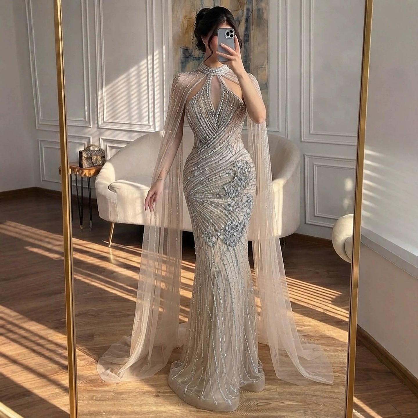 Luxury Nude Crystal Beaded Cape Sleeves Mermaid Evening Dress LA73863 Grey / 4