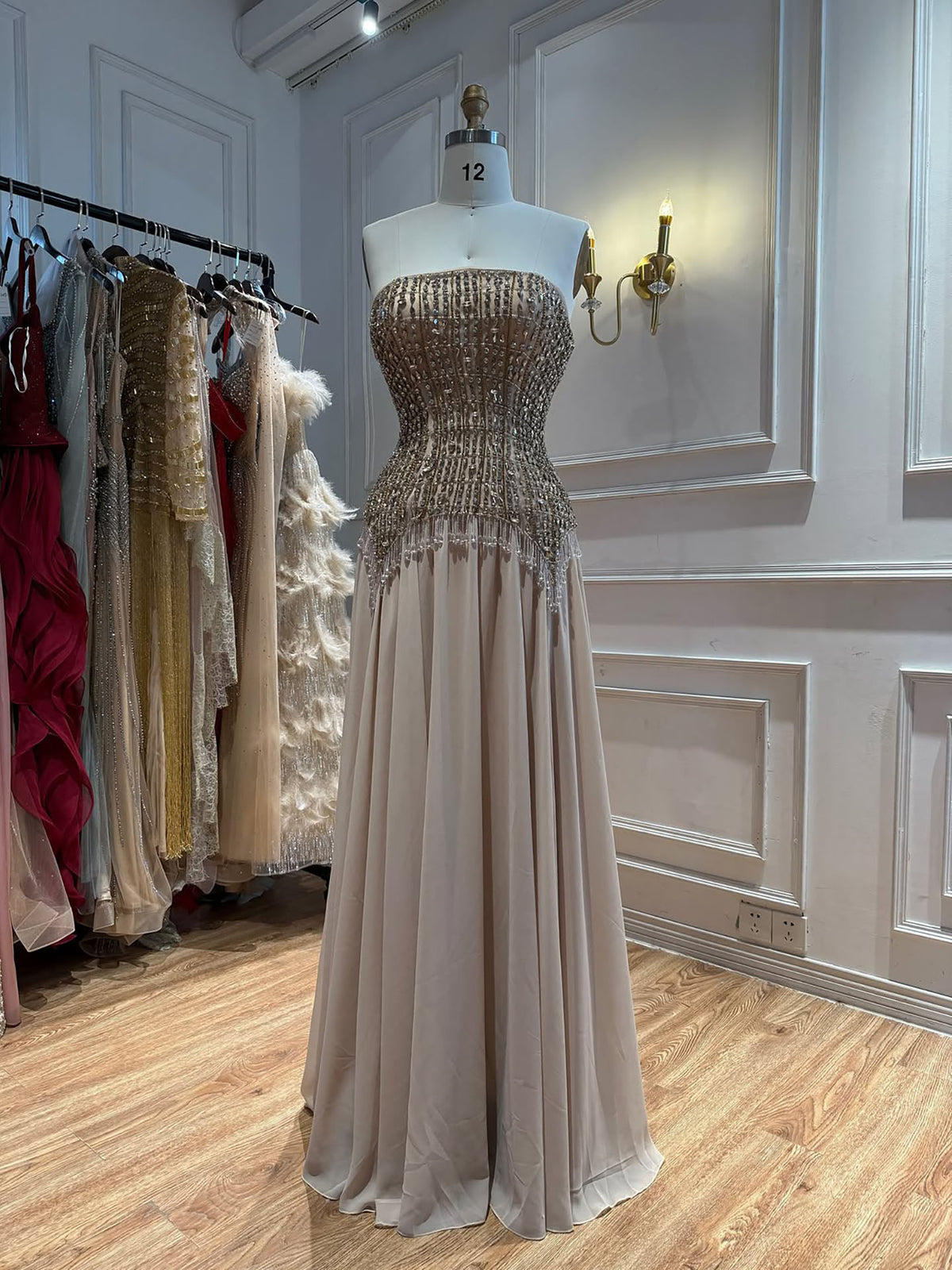 Luxury Nude Crystal Beaded Tassel Chiffon Evening Dress LA73871