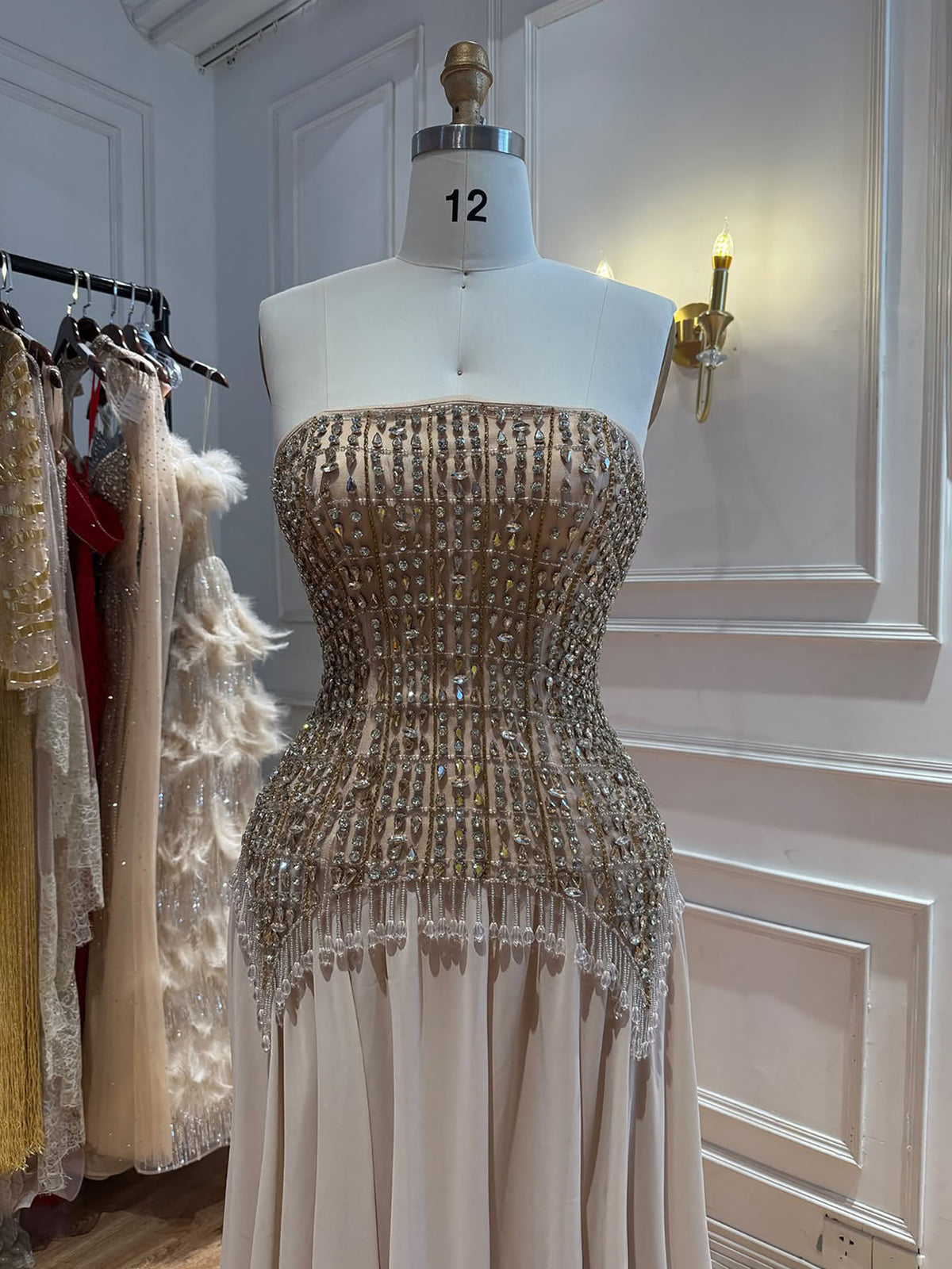 Luxury Nude Crystal Beaded Tassel Chiffon Evening Dress LA73871