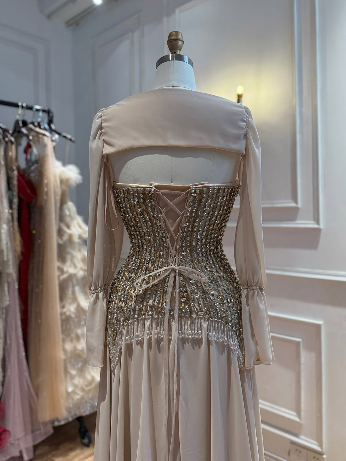 Luxury Nude Crystal Beaded Tassel Chiffon Evening Dress LA73871